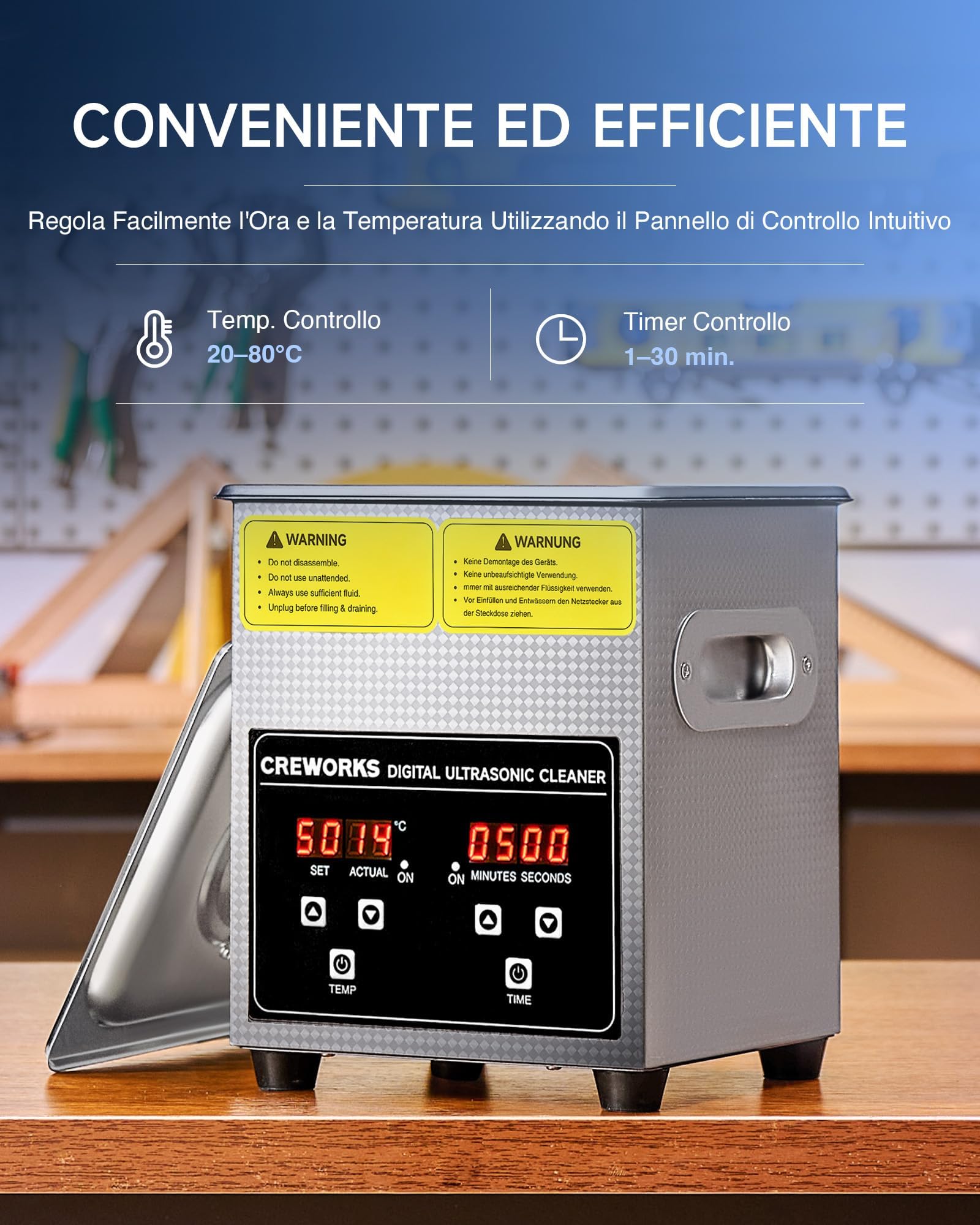 CREWORKS Pulitore a Ultrasuoni 2L Professionale, Lavatrice Ultrasuoni 60W con Riscaldatore 100W e Timer Digitale, Vasca Ultrasuoni in Acciaio Inox SUS304 per Gioielli, Occhiali, Protesi, Monete