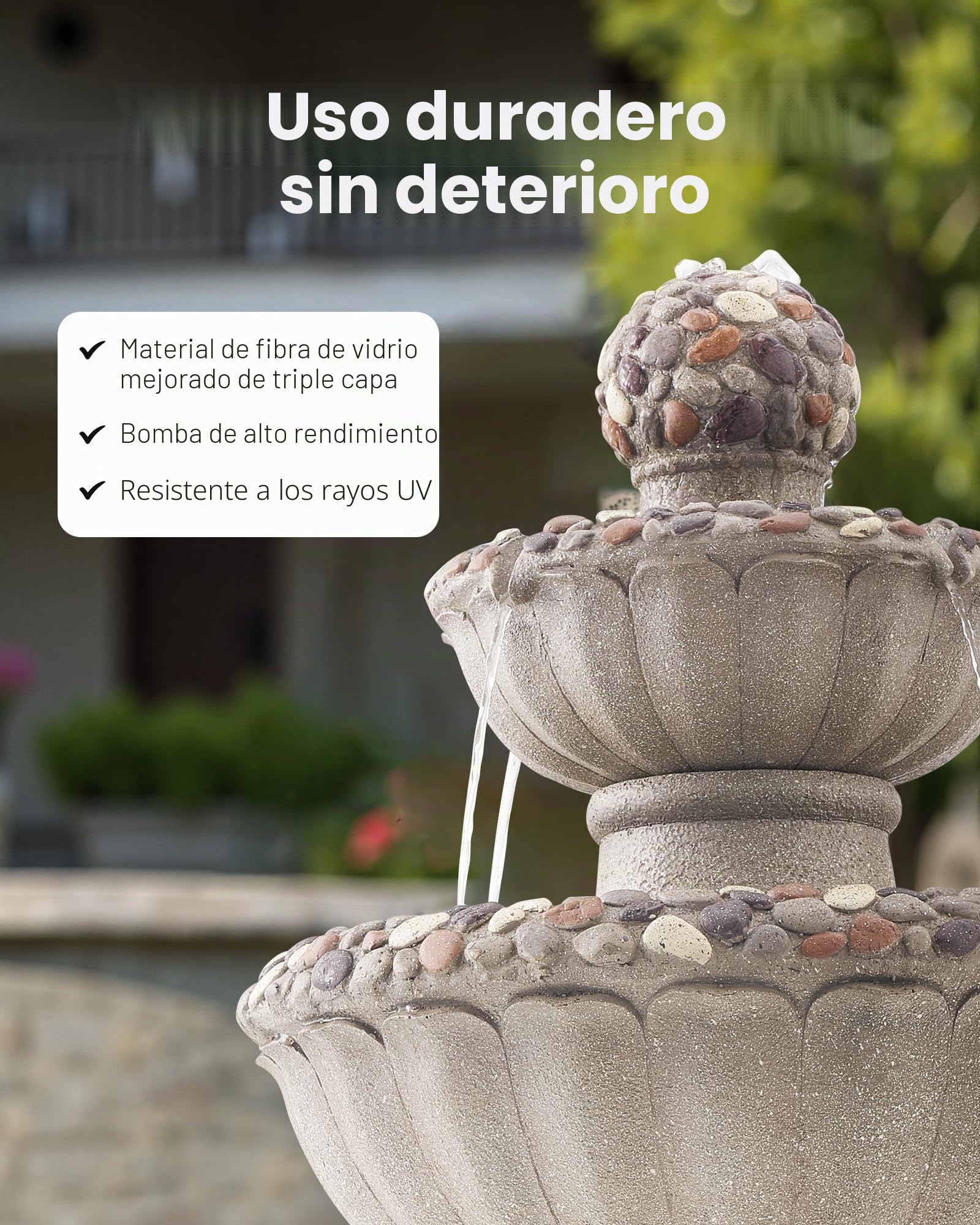 VEVOR Fuente de Agua para Exteriores, 927 mm de Altura, Fuente de Cascada de 2 Niveles de Fibra de Vidrio y Resina con Base de Roca y Bomba para Jardín, Patio, Decoración del Hogar,Gris Roca