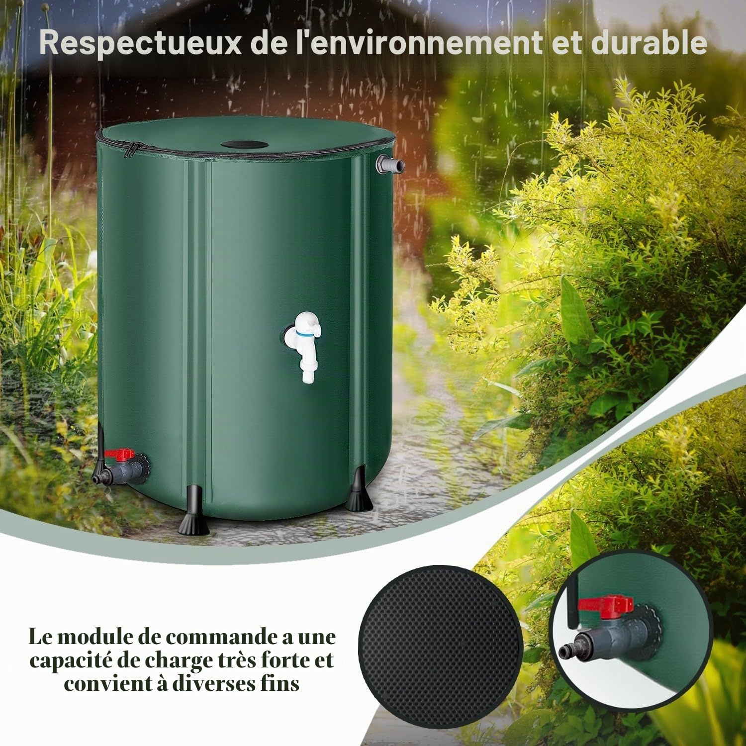 Récupérateur d‘Eau de Pluie Pliable de 1000L 500L 200L 100L Réservoir d‘Eau Souple avec Robinet Filtre et Soupape de Trop-Plein pour Jardin Arrosage Depuis Gouttière(1000 L(264.17 Gal))