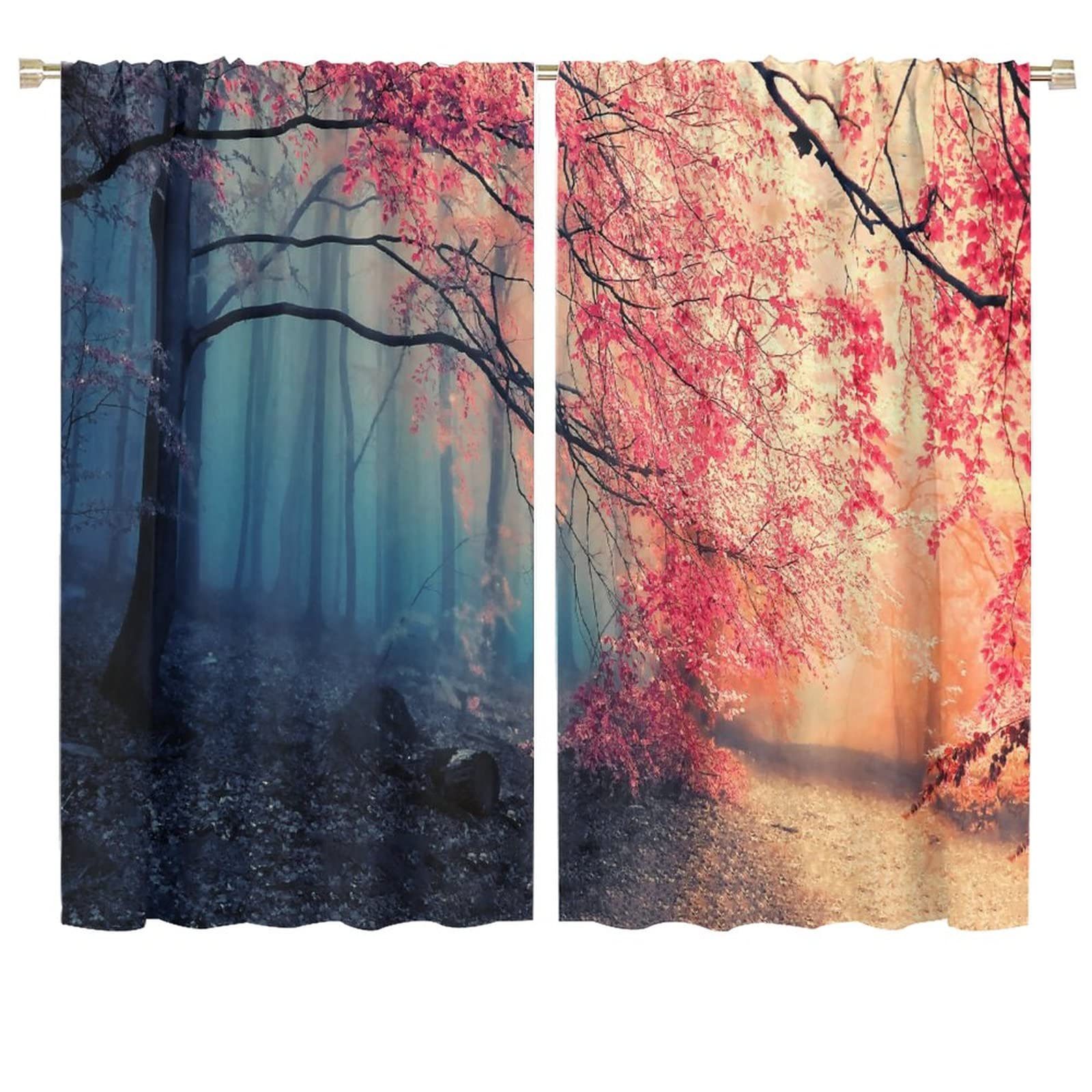 JESTRONRY Forest Kitchen Curtains,Misty Forest Landscape Print Pattern Blackout Window Door Curtains for Bedroom Living Room Home Decor,2 Panel Set W72xL63in