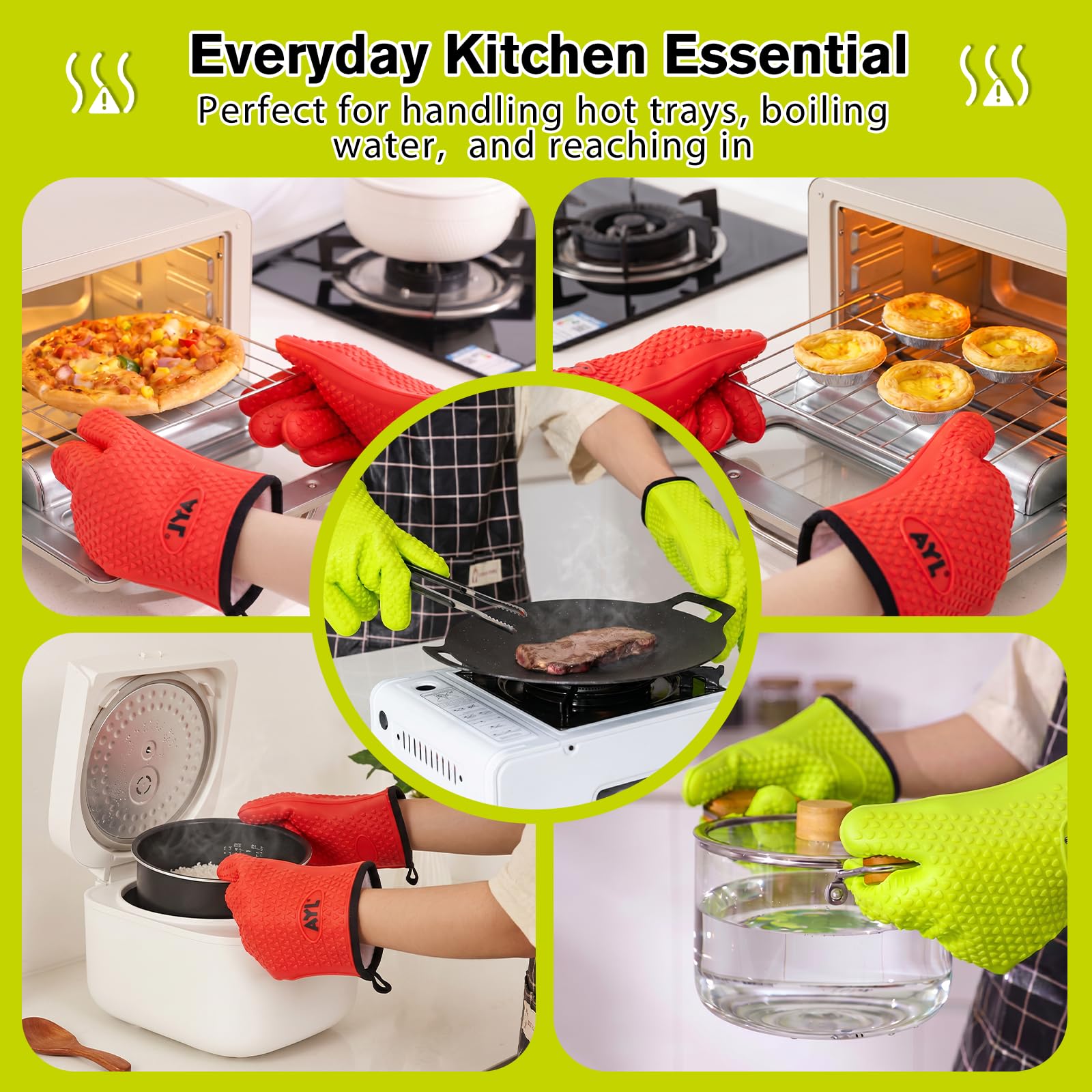 AYL Grillhandschuhe, hitzebeständige Handschuhe BBQ Küche Silikon Ofenhandschuhe, sichere Handhabung von heißen Lebensmitteln, Töpfen und Pfannen für Grillen, Kochen, Backen - interne schützende Baumwollschicht