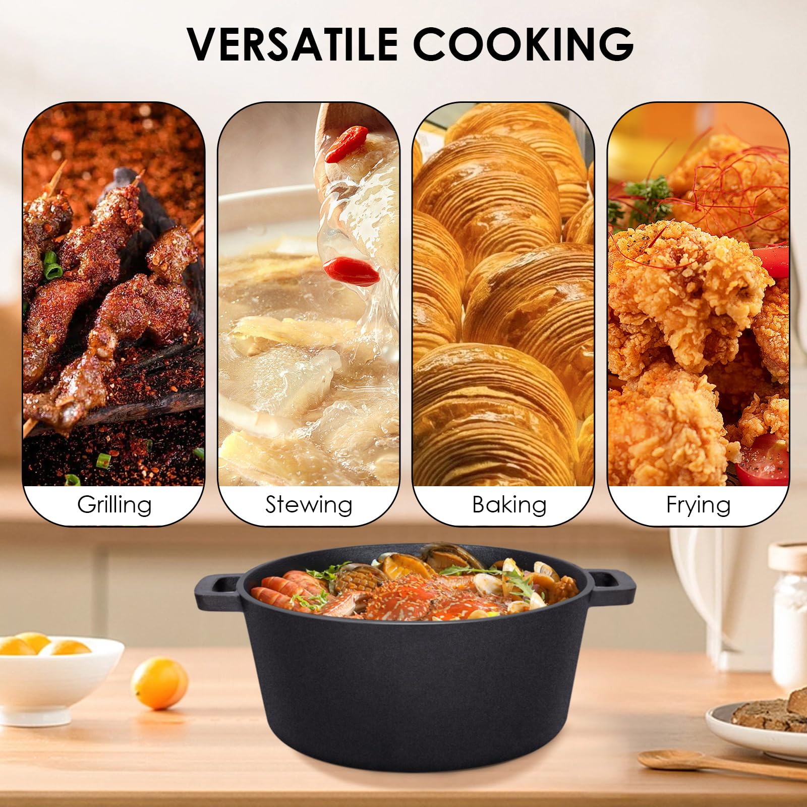 Todeco 2 en 1 Marmite en Fonte avec couvercle de poêle, 5L Dual Function Casserole en fonte avec recette pour cuisine, Pré-assaisonné, pour cuisine, camping, barbecue, rôtir ou braiser