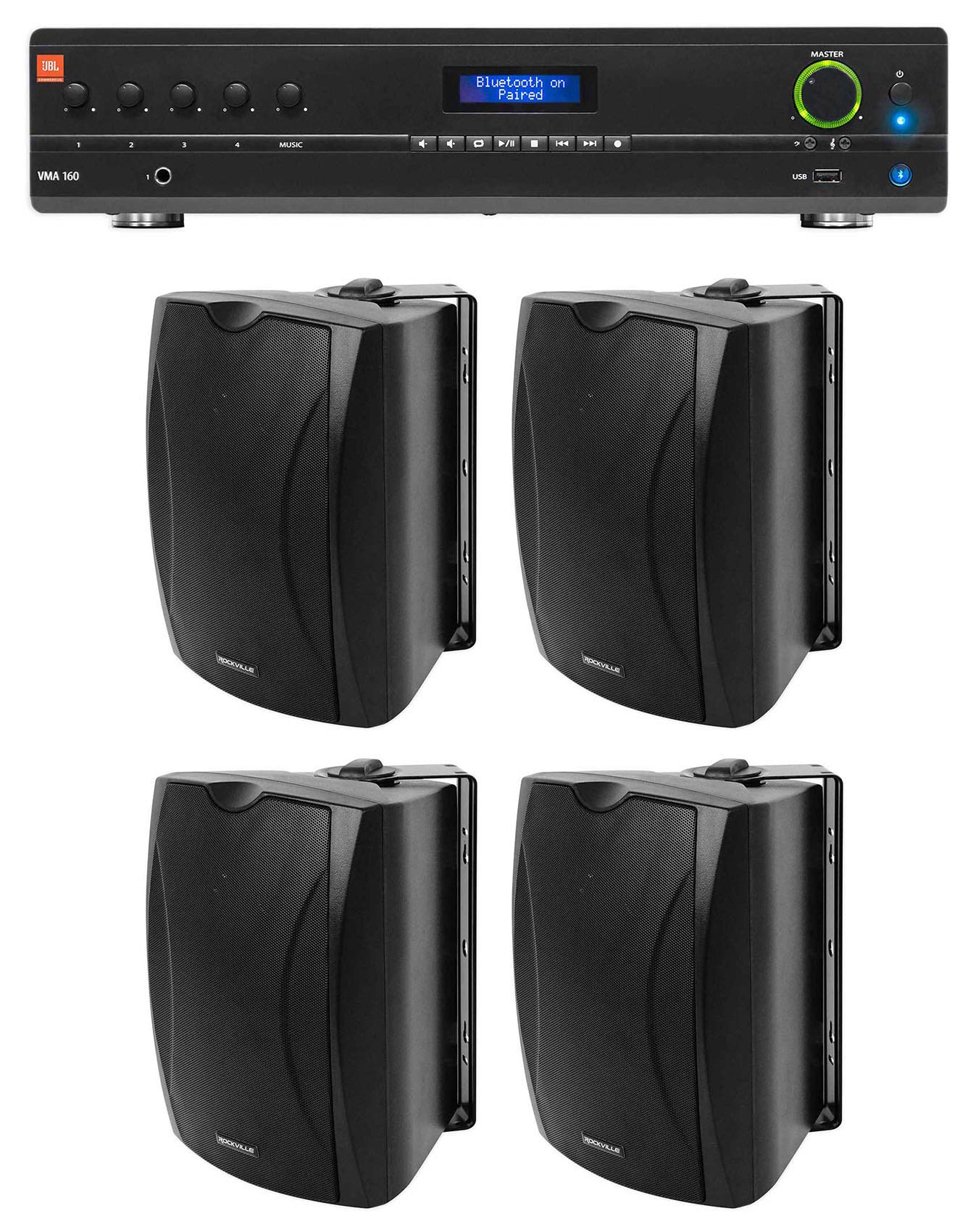 Audiosavings Bundle: JBL VMA160 60-Watt 70 Volt 70V Mixer/Amplifier with Bluetooth Bundle with (4) Rockville WET-6B 70V 6.5