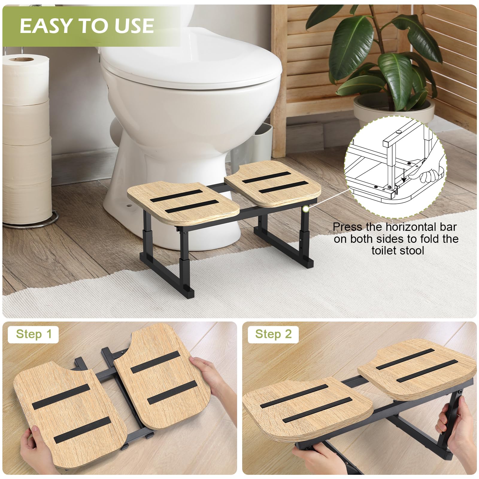 LIANTRAL Taboret toaletowy dla dorosłych, antypoślizgowy, składany stołek z drewna i metalu, ergonomiczny taboret toaletowy do łazienki, taboret toaletowy na hemoroidy, wzdęcia brzucha, zaparcia