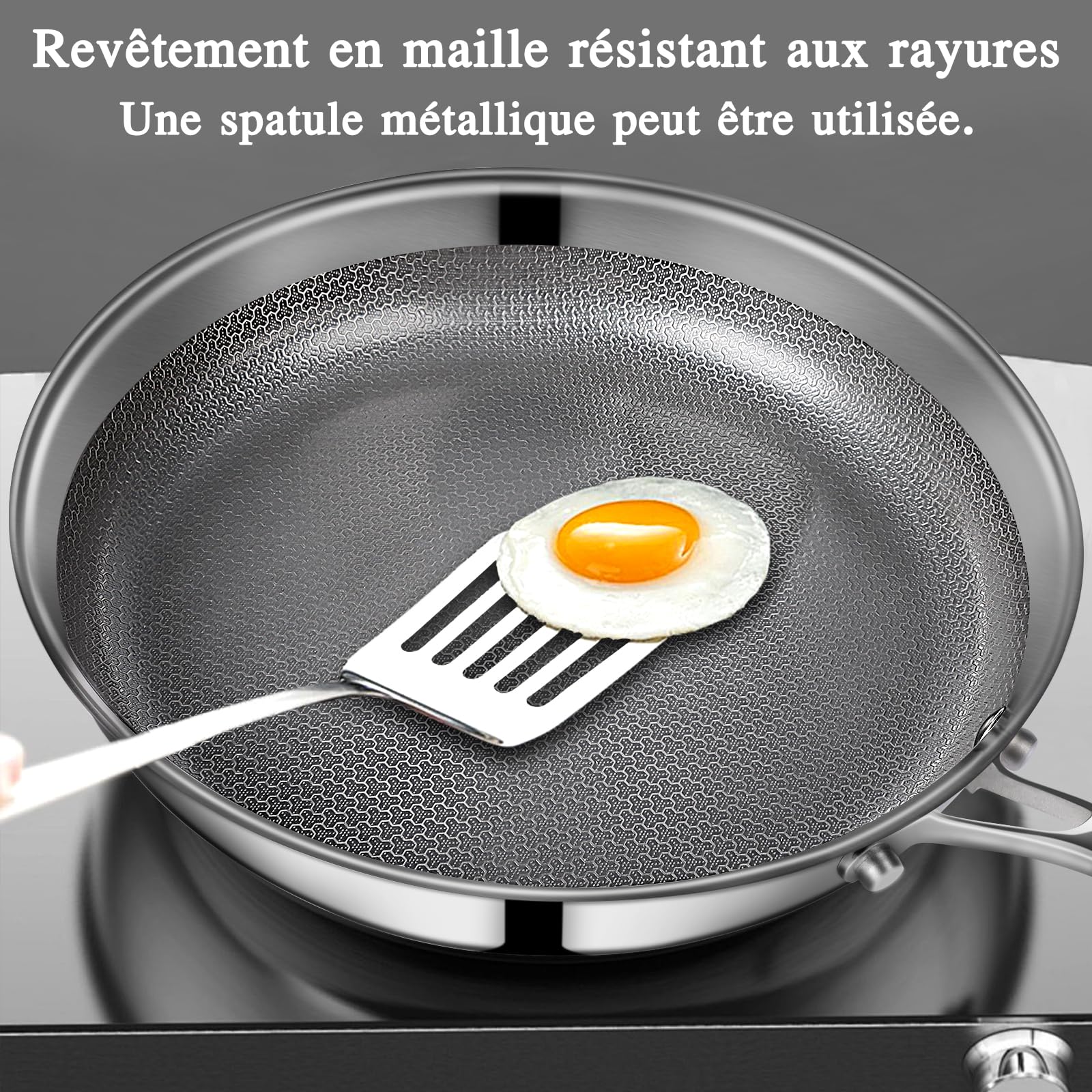 GiPP Poêle Antiadhésive, Acier Inoxydable à 3 Couches, Série Haut de Gamme | Sain et Non Toxique, Diffusion de Chaleur Homogène, Manche Restant Froid, Tous Feux Lot, Lave-vaisselle et Four, 26 cm