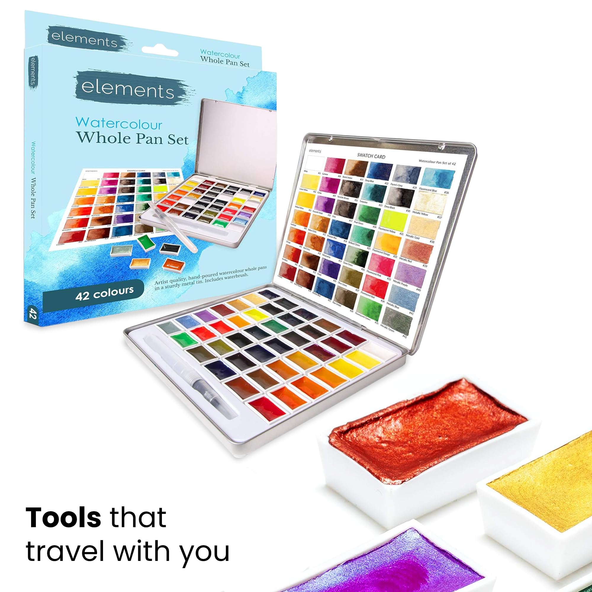 Elements Aquarellfarben-Set – 42 Premium-Aquarellfarben ganze Pfannen – handgegossene cremige Farbpfannen perfekt für Künstler, Anfänger, Studenten oder Hobbyisten mit 1 vielseitigem Wasserpinsel