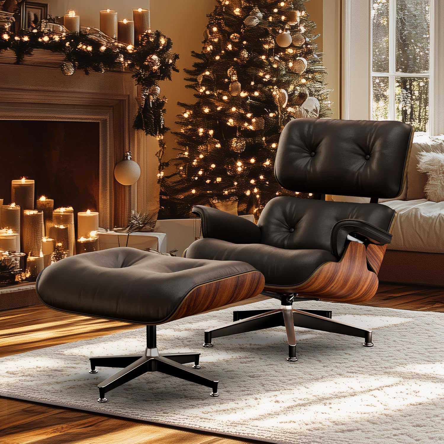 Poltrona Lounge Girevole Reclinabile in Pelle Genuina, con Ottoman, Design Classico Moderno, Base Robusta, Legno di Nocefor Per soggiorno, studio, salotto e ufficio assemblata Nero