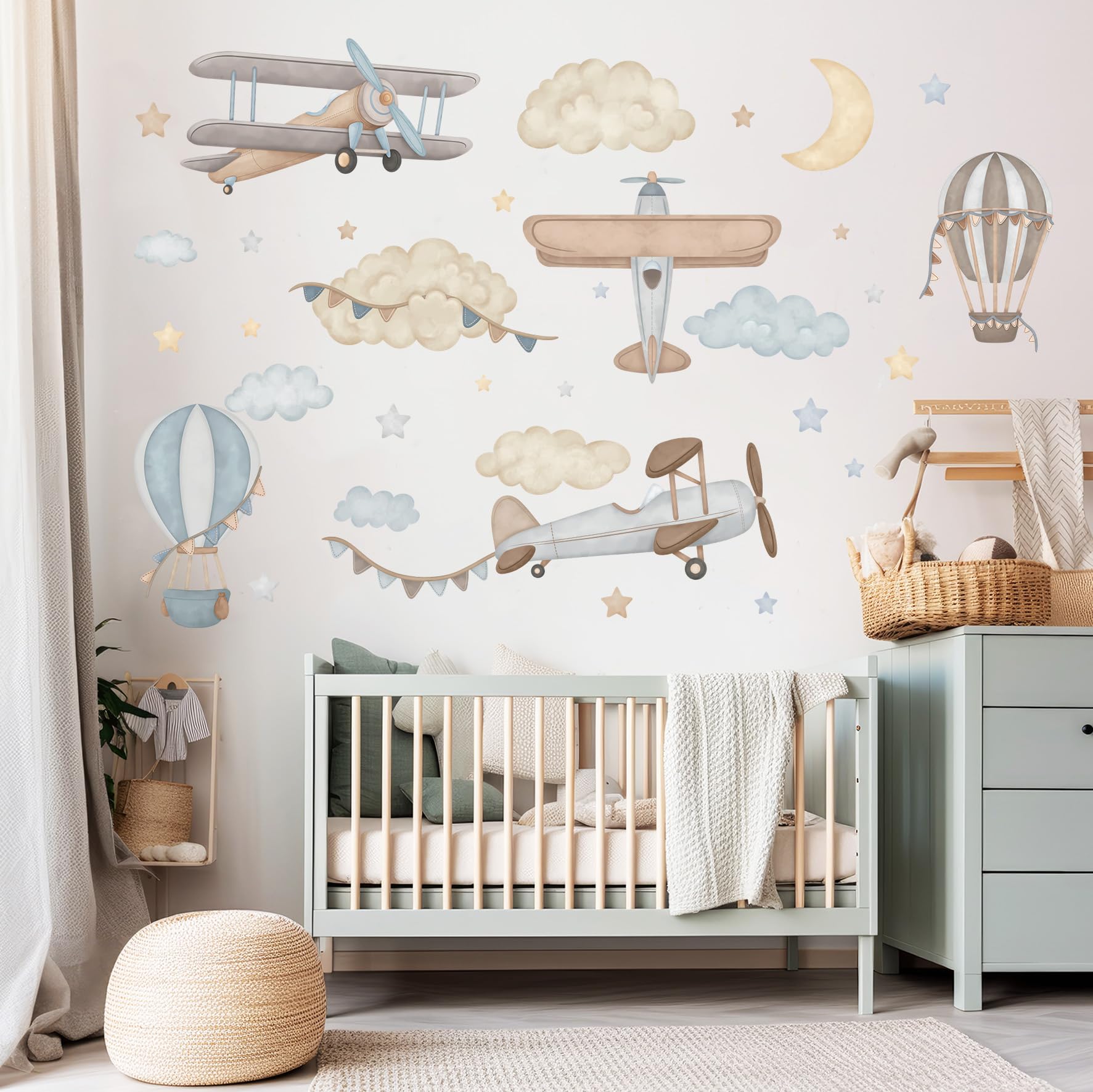 Vinilos Infantiles - Vinilos Decorativos - No Tóxicos, Seguros - Decoración Dormitorio - Aviones, globos, estrellas, nubes, azul - L - 34pzs