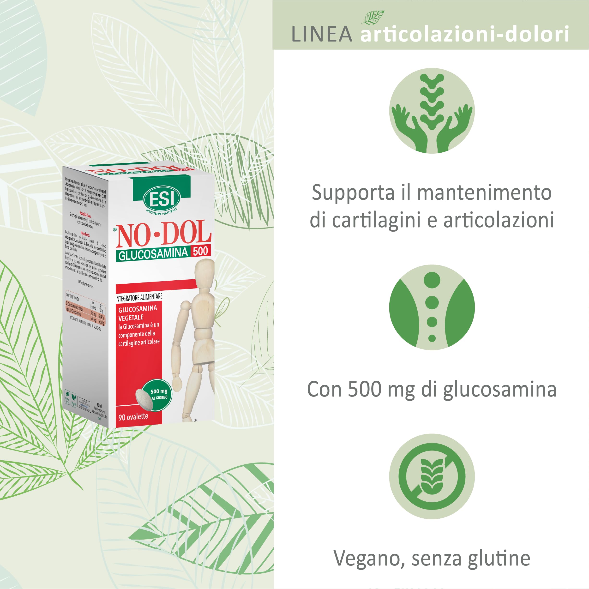ESI - No-Dol Glucosamina 500, Integratore Alimentare a Base di Glucosamina, Elemento Caratterizzante di Tessuti Connettivi e Cartilagini, Senza Glutine e Vegan, 90 Ovalette