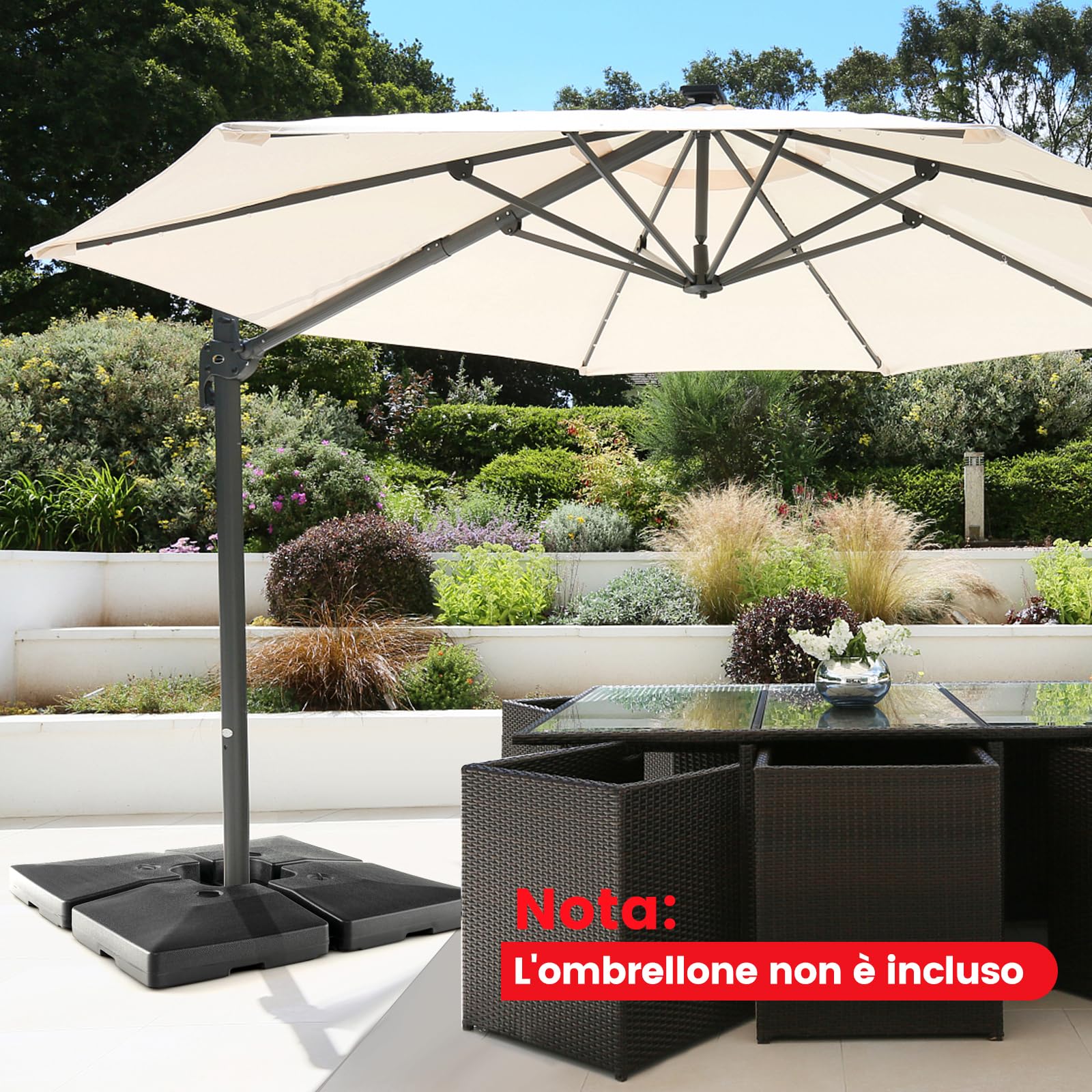 COSTWAY Base Ombrellone Riempibile a 4 Blocchi da 20 Litri, Base per Ombrellone Decentrato con Blocchi Riempibili di Acqua/Sabbia, Pesi per Ombrellone da Giardino Terrazzo Bordo Piscina, Fino 128 kg
