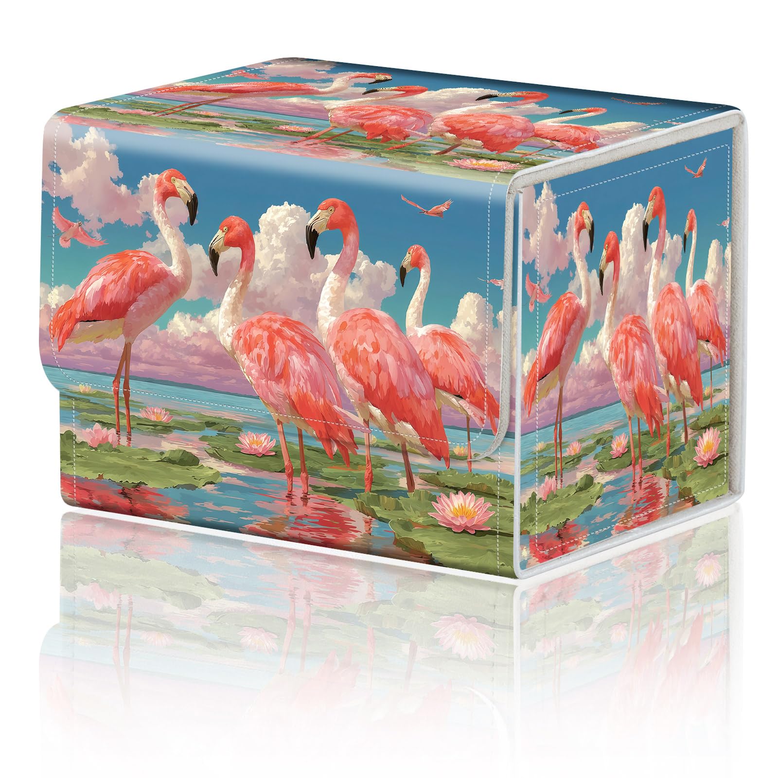 Card Game Storage Box for TCG Deck Box MTG Card Box Organizer Trading Card Case Commander Deck Box TCG Card Storage Box Magnetic Closure Creative Pattern Up to 200 Cards, Flamingos lotus flowers — image 1