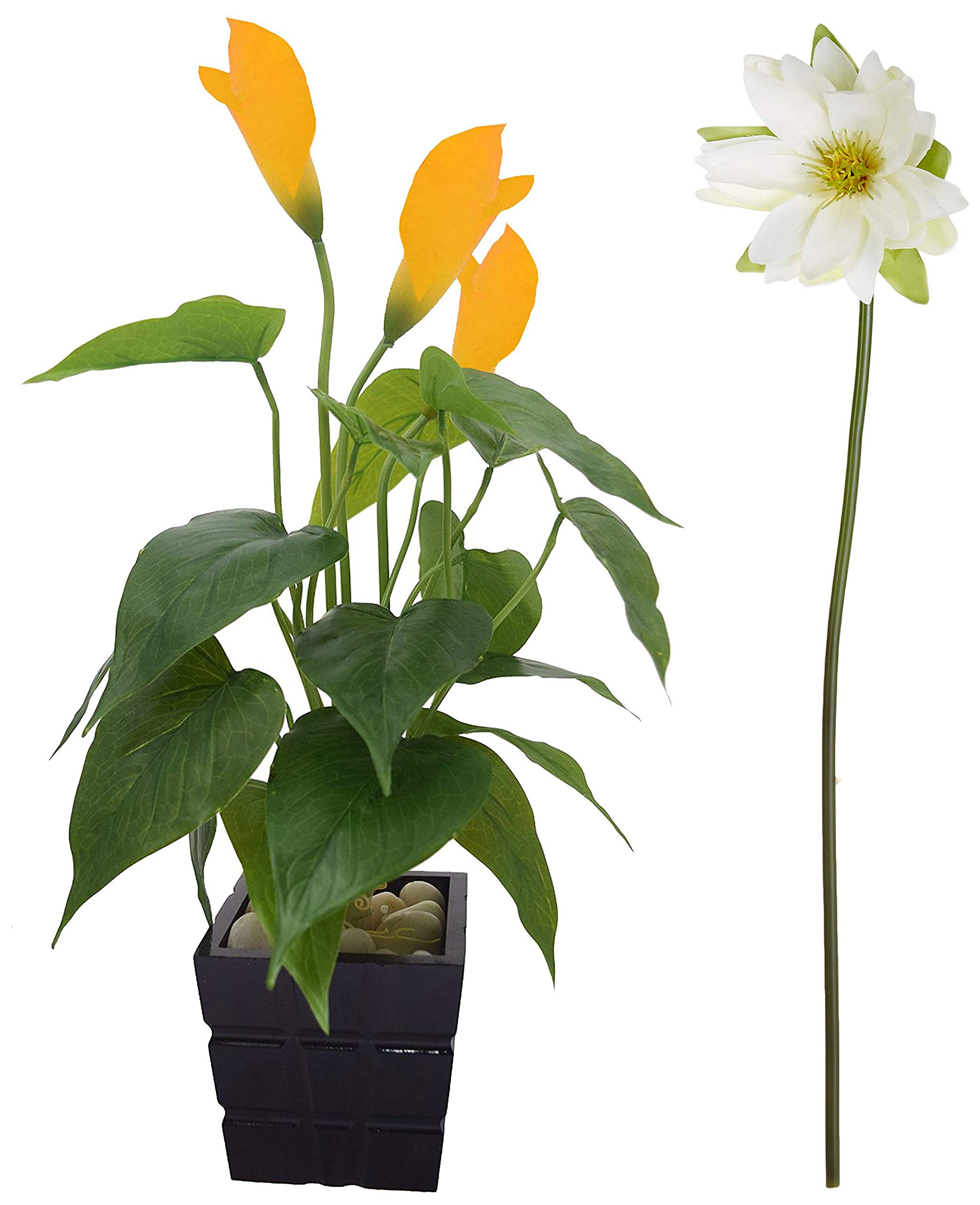 Fourwalls Polyurethane Artificial Real -Touch Calla Lily Plant (40 cm, Yellow) + Artificial Single Lotus Flower Stick (95 cm Tall, White, Set of 2)