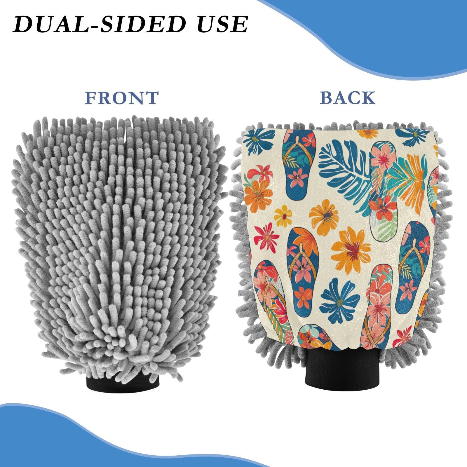 Kigai Hawaiian Style Slipper Pattern Car Wash Mitt Microfiber, 2Pcs Scratch Free Lint-Free, Premium Chenille Microfiber Mitt Car Wash Brush-M
