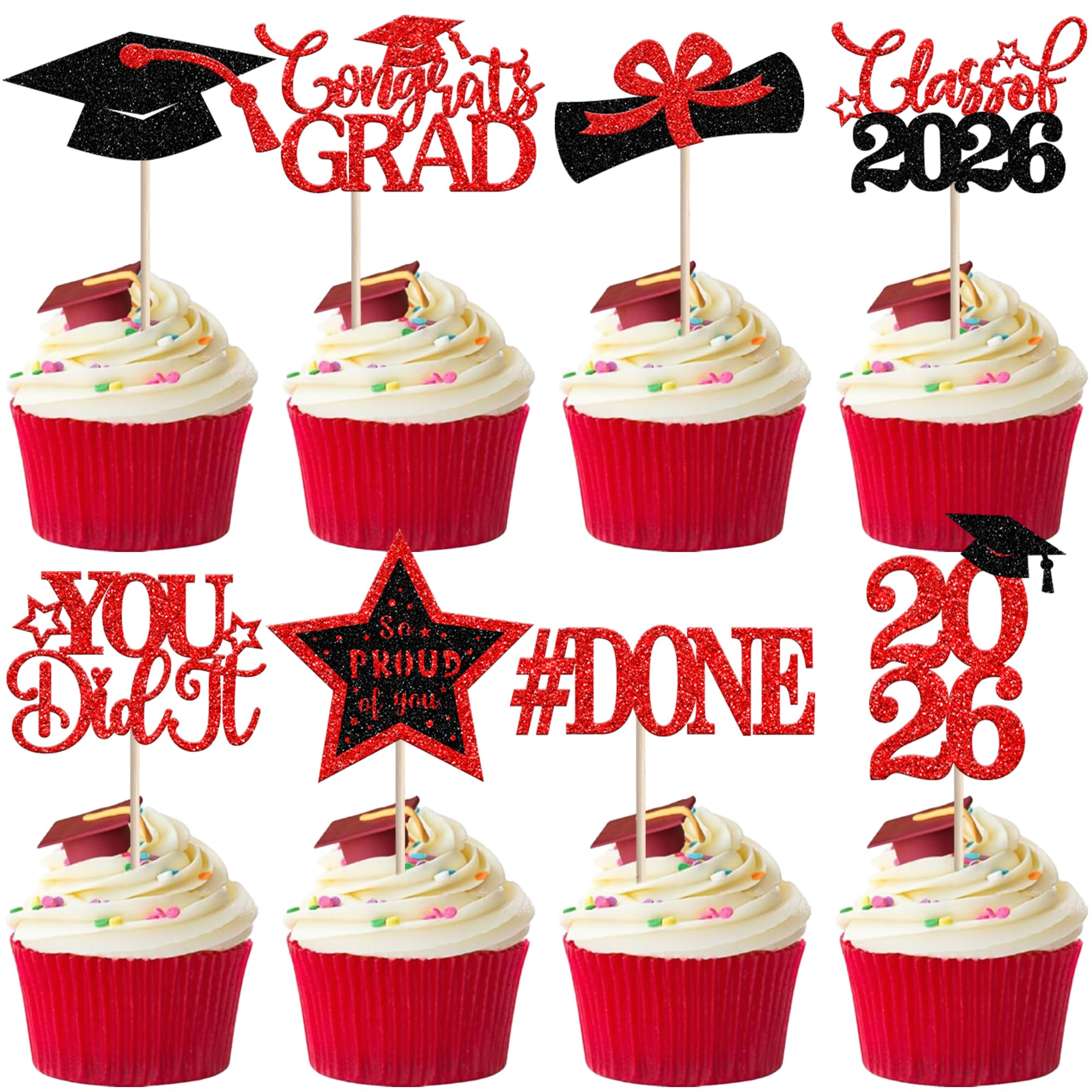 Xsstarmi 24 Pack 2026 Graduation Cupcake Toppers Red Glitter Star You Did It Diploma Done Cupcake Picks for Congrats Grad 2026 Graduation Party Cake Decorations Supplies
