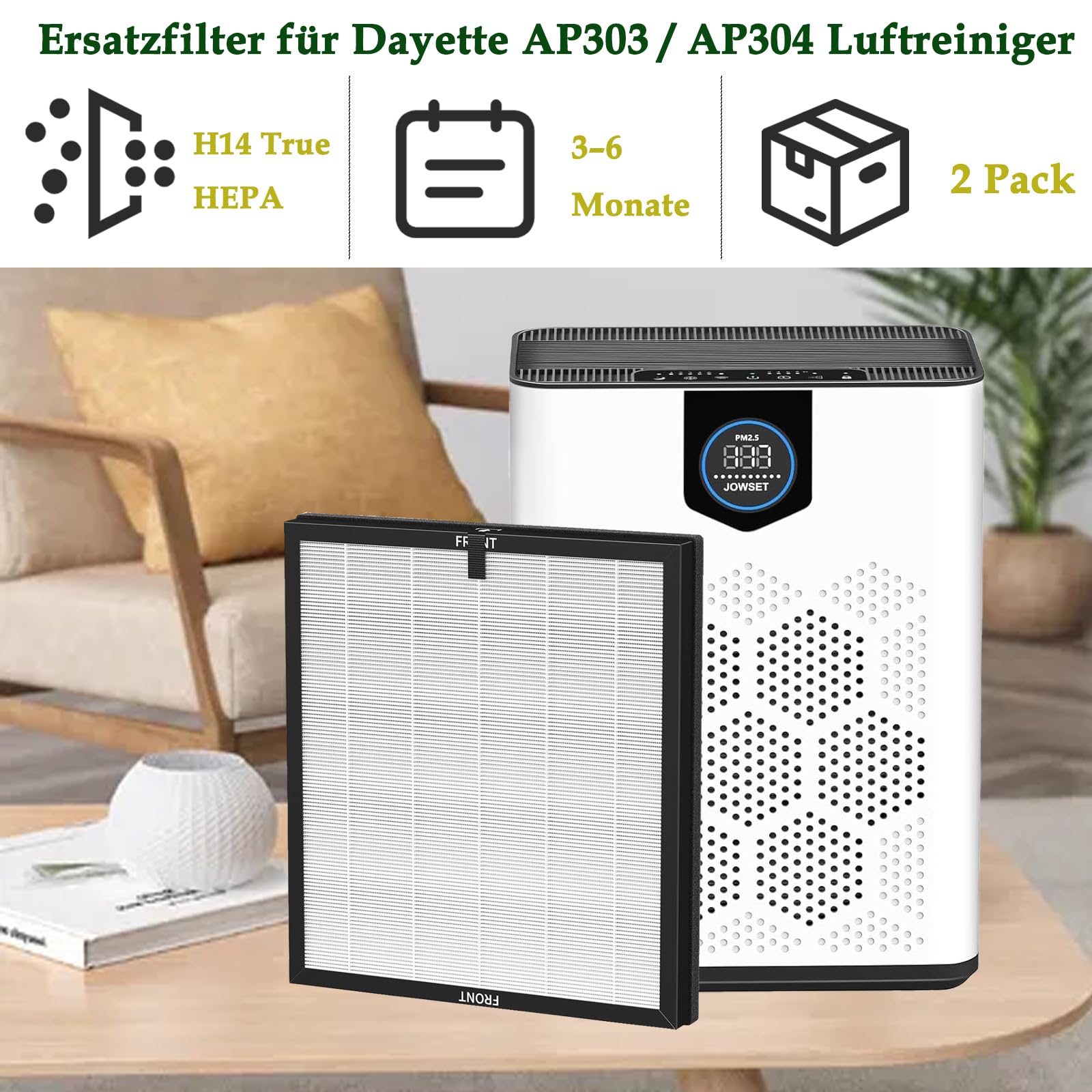 Filtro de repuesto AP303 AP304 para purificador de aire Dayette AP303/AP304, filtro 3 en 1 H14 True HEPA y filtro de aire de carbón activo de alta eficiencia (2 unidades)
