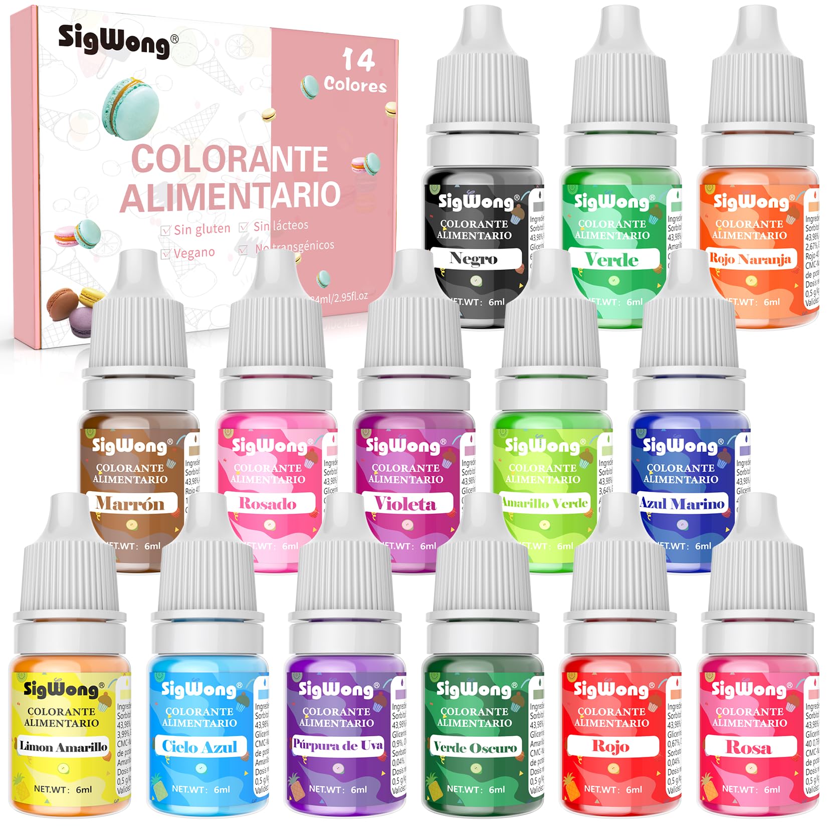 Colorante alimentario 14 x 6ml, Set líquido de alta concentración para bebidas, pasteles, galletas, macaron y fondant