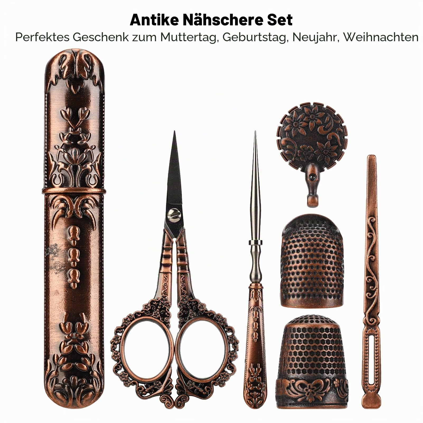 7-teiliges Nähwerkzeug Set für Basteln Nähen Handarbeiten Stickerei | Vintage, Massivholz, Edelstahl, Kompaktes, mit Fingerhut Einfädler aus Edelstahl