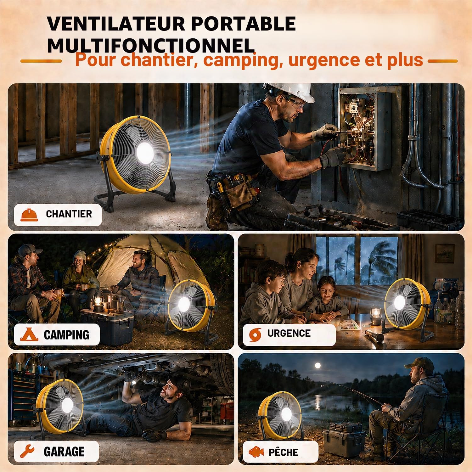 T-SUN Ventilateur de sol rechargeable de 30,5 cm compatible avec le ventilateur de batterie Dewalt 18 V/20 V avec lumière LED, port USB de type C, vitesses continues, ventilateur industriel sans fil