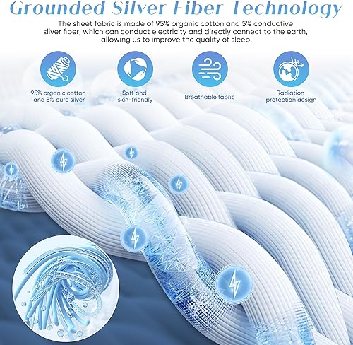 Miniatura 3 de Grounding Sheets - Sábanas tamaño King, 95 % algodón orgánico + 5 % fibra plateada pura, sábanas de tierra conectadas a tierra (King - 77 x 80 x 13