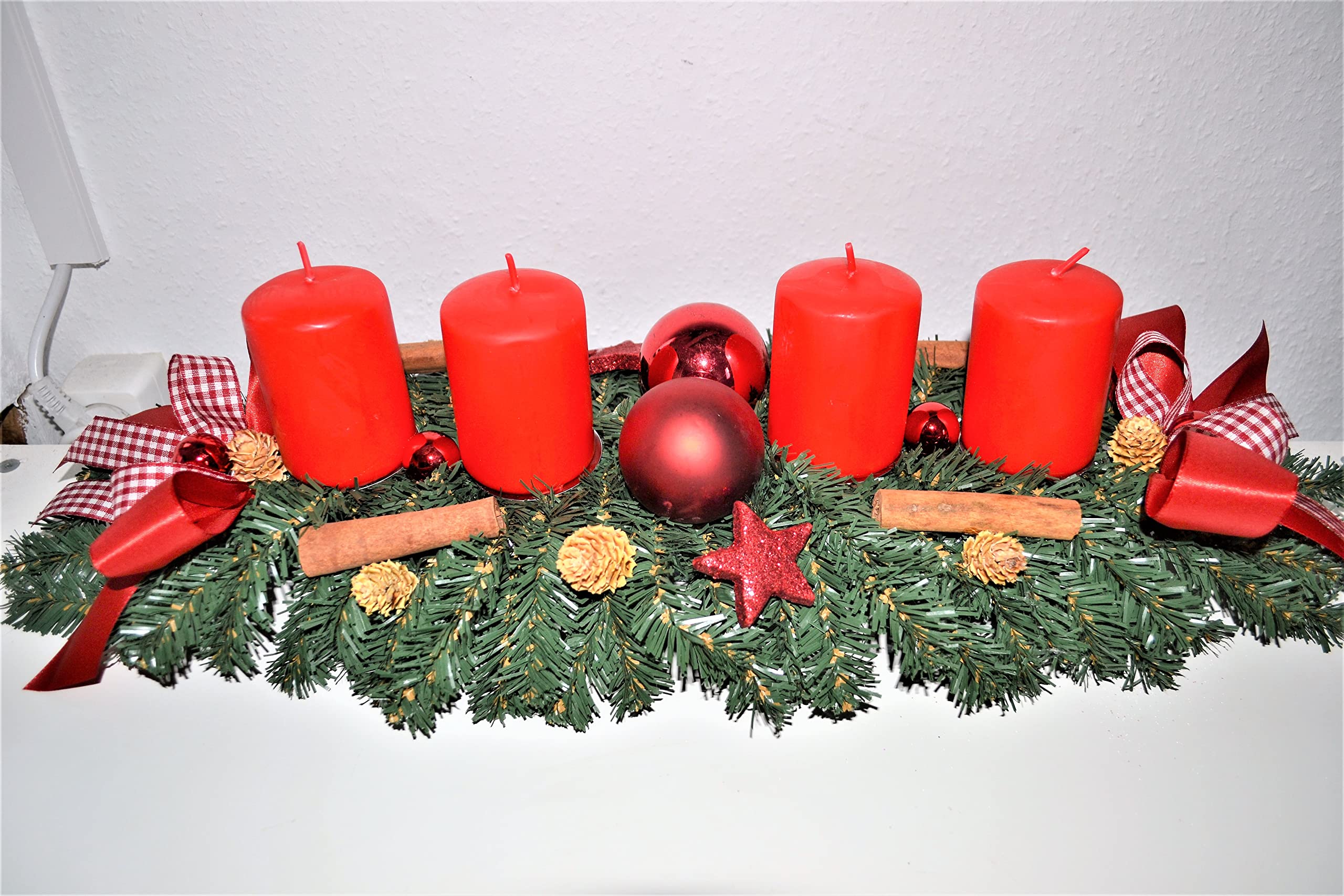 Adventskranz künstlich Landhaus rot länglich 60 cm Weihnachten Advent Gesteck