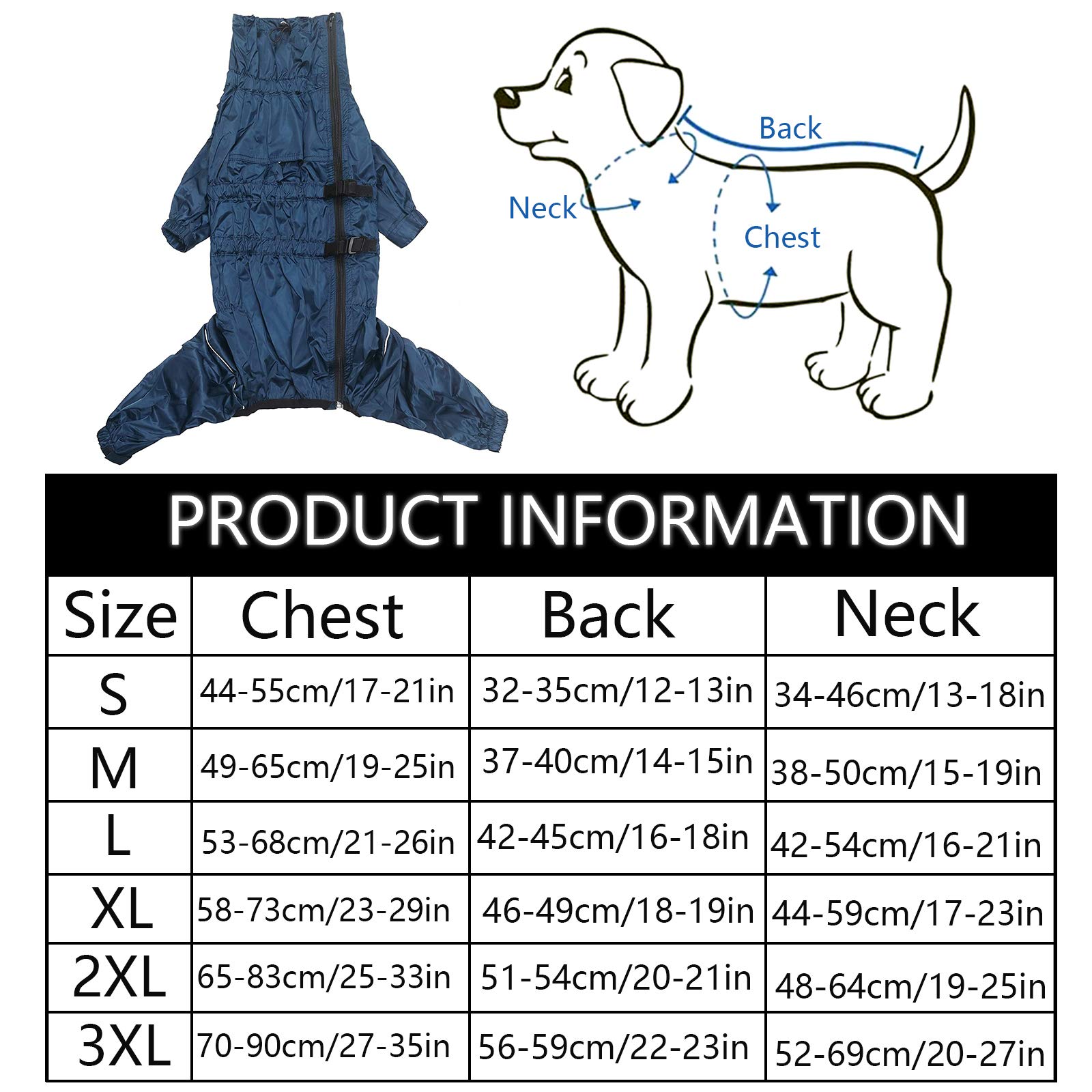 MOREZI Chubasquero para Perros de Cuatro Patas, Impermeable y Transpirable, diseño de Cremallera Trasera, con cordón Ajustable, fácil de Poner y Quitar-Azul Navy-XXL