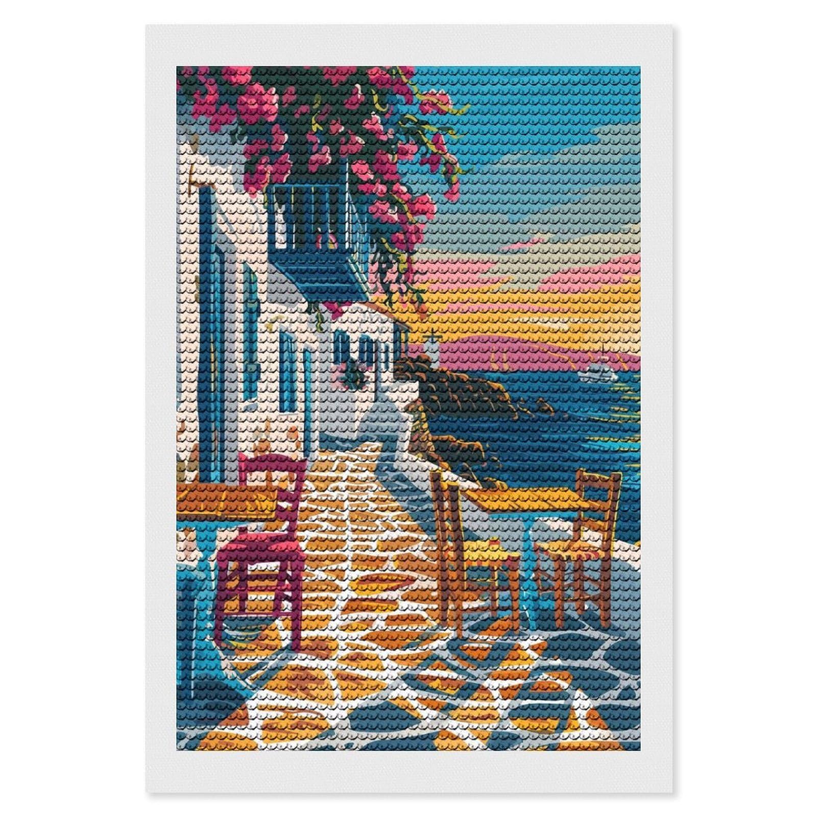 Junmoney Greece Summer Travel Art Round Drill Diamond Painting 8"x12", for Craft Lovers, Stress Relief Craft, Bedroom Decor, Festive Craft Gift