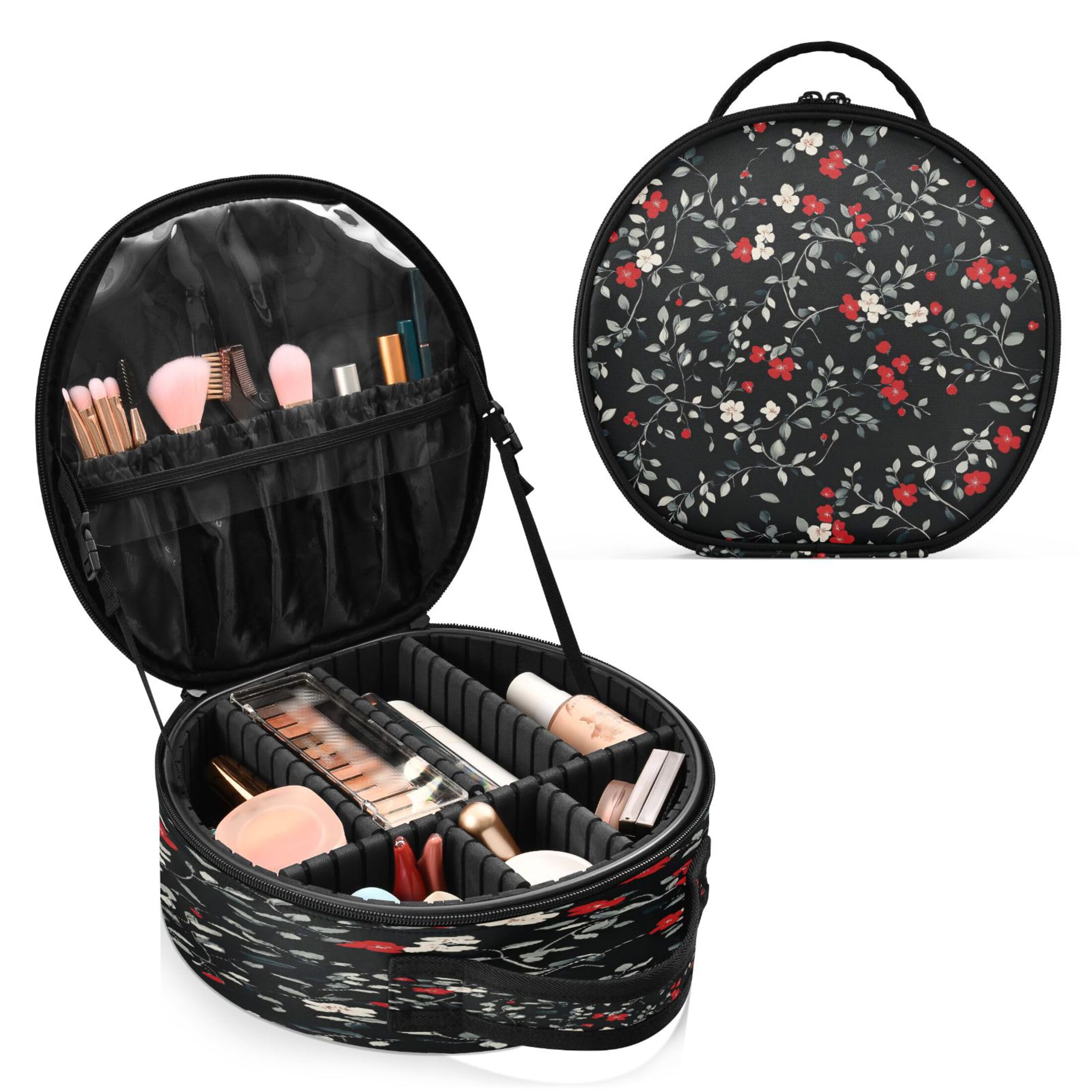 Takiito Small Red Flowers Travel Makeup Case Portable Makeup Box Artist Cosmetic Case Organizer With Adjustable Dividers