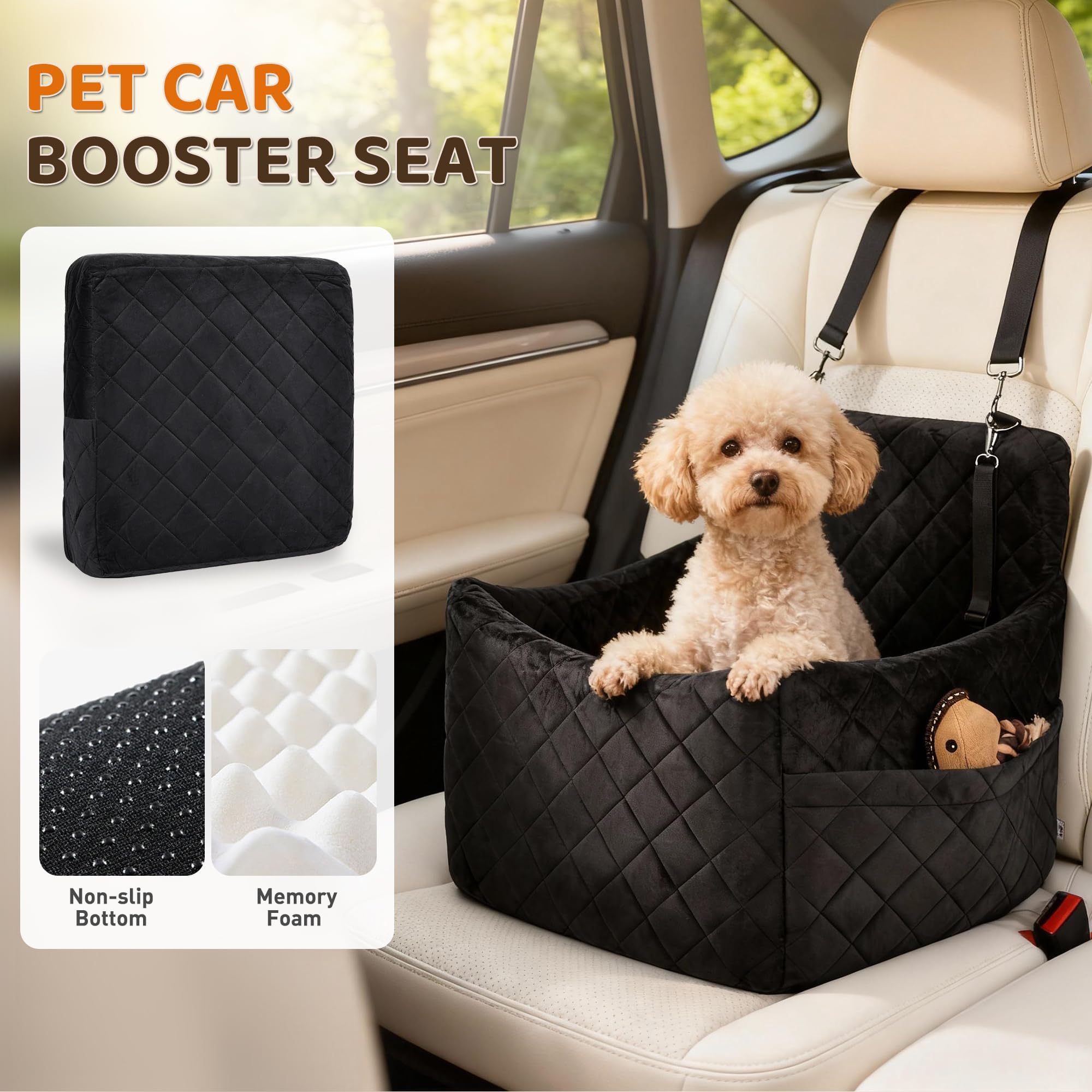 Siège Auto en Peluche pour Petit Chien Jusqu'à 9 Kg | Mousse À Mémoire De Forme, Base Antidérapante, Ceinture De Sécurité, Housse Lavable 45 × 45 × 35 Cm