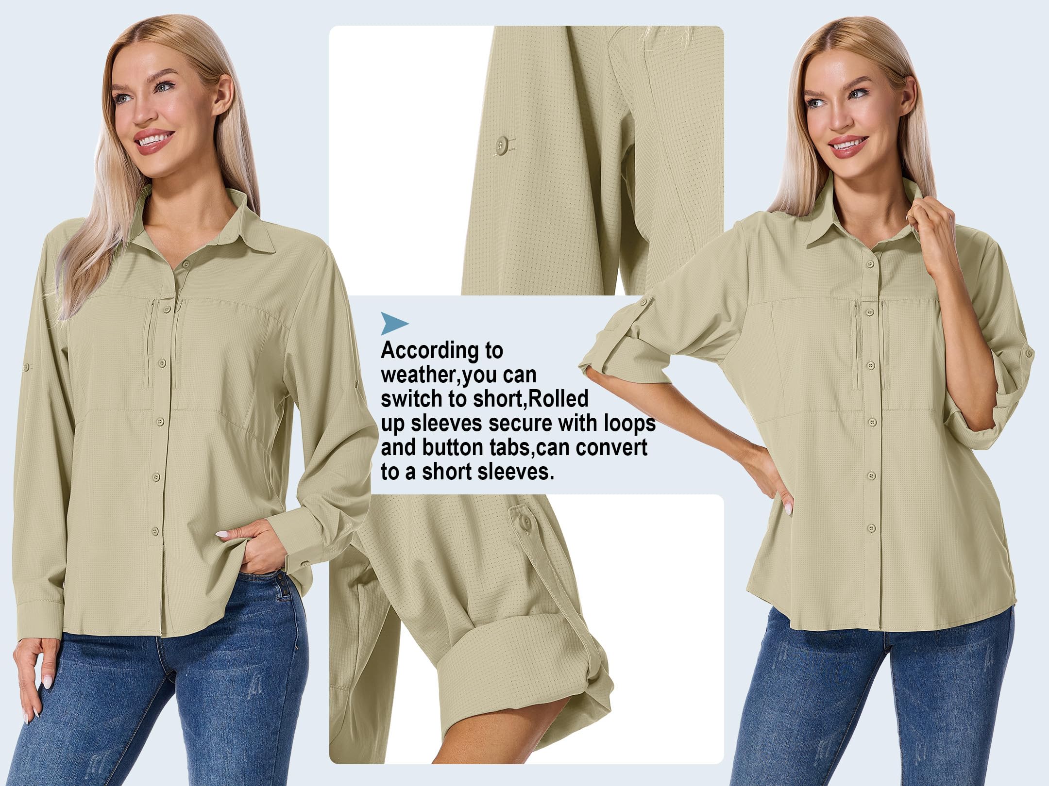 Camicia da donna con protezione UV UPF 50+, abbigliamento safari, camicetta da escursionismo, traspirante, ad asciugatura rapida, protezione solare, a maniche lunghe