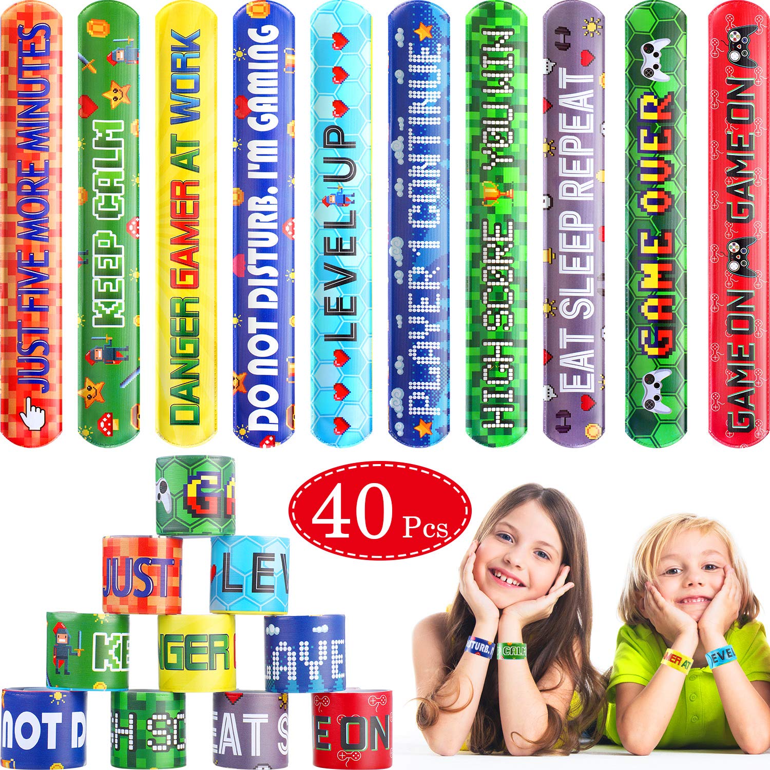 Blulu 40 Pcs Video Game Slap Bracelets, Pixelated Party Wristbands, Snap Bracelets for Kids, Gamer Birthday Party Favors (10 Styles)