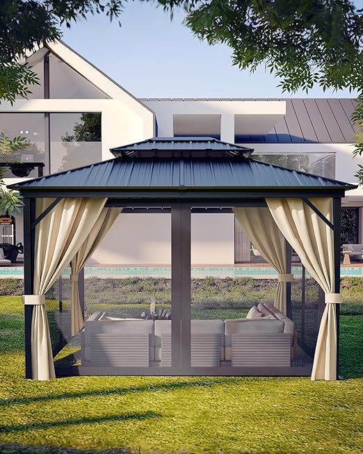 Hardtop Gazebo 10'x14' for All Weather, with Double Metal Roof, Aluminum Alloy Frame, Net, and Curtain, Permanent Building for Patio, Deck, Backyard, Lawn, and Garden,Khaki