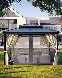 Hardtop Gazebo 10'x12' for All Weather, with Waterproof Double Metal Roof, Aluminum Alloy Frame, Net, and Curtain, Permanent Building for Patio, Deck, Backyard, Lawn, and Garden, Khaki