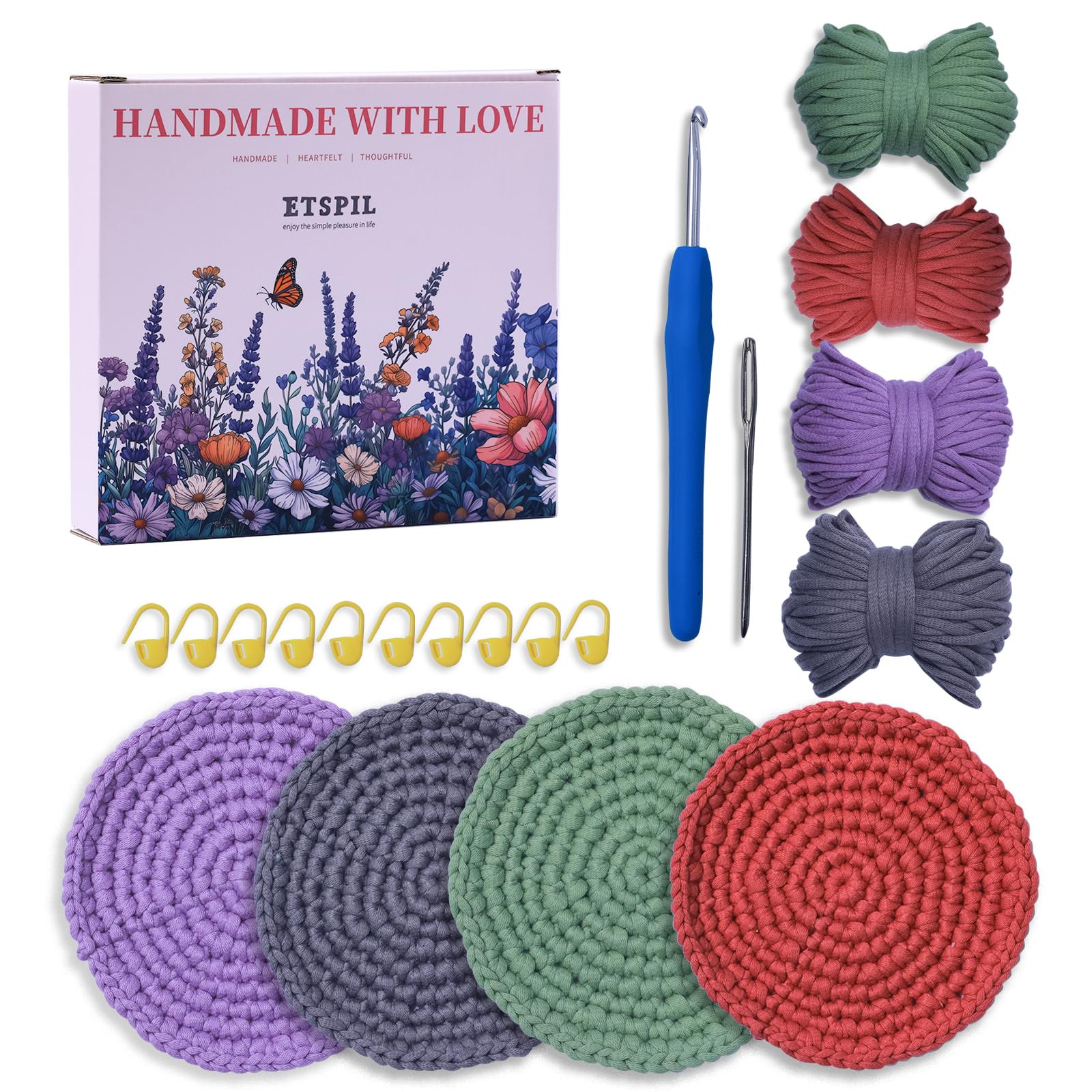 ETSPIL 4-Pack DIY Crochet Kit for Beginners - Circular Coaster Crochet Starter Set with, Yarn, Hooks & Tools for Adults & Teen