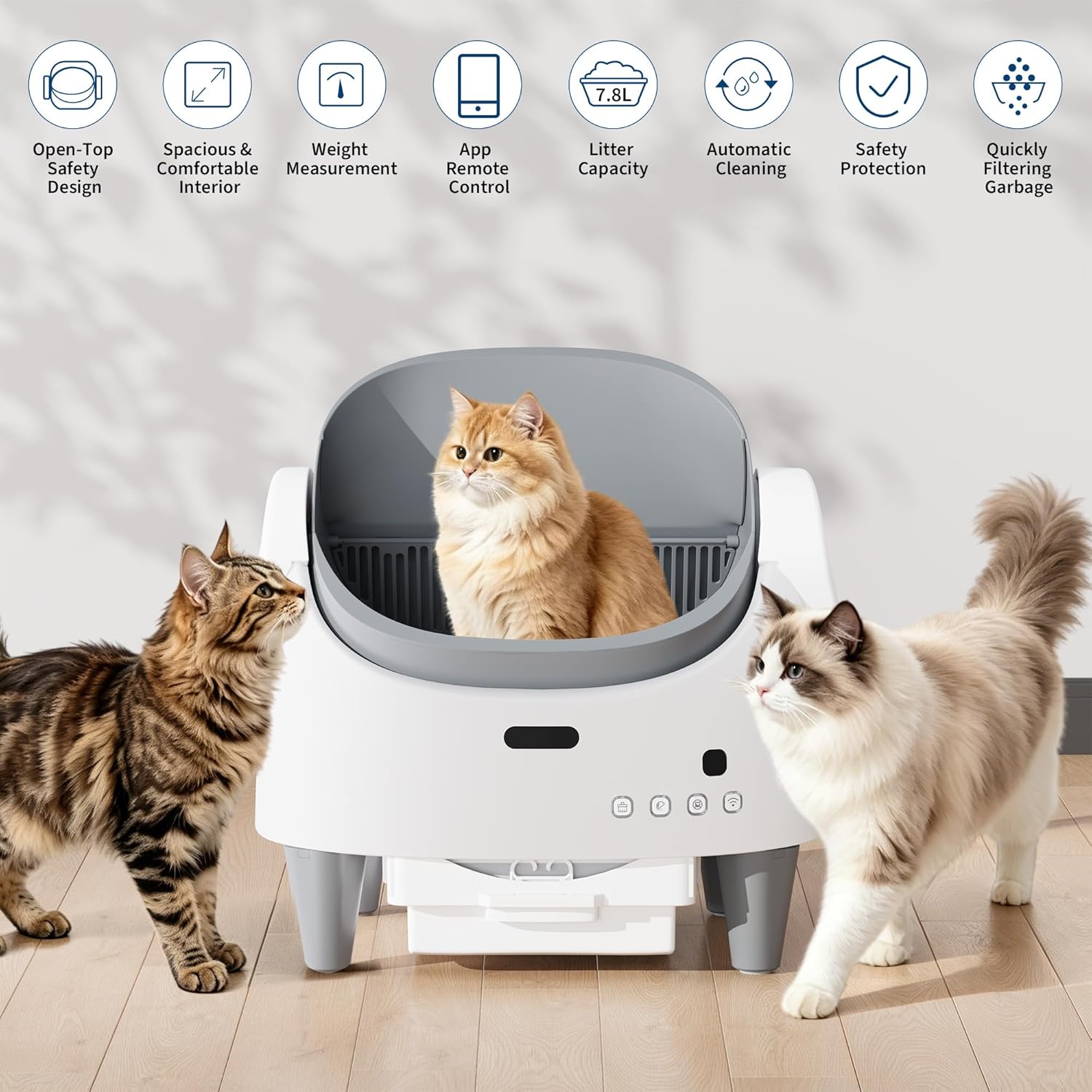 Automatic Cat Litter Box, Self-Cleaning Litter Box with Open-Top Design, 15-Layer Safety Protection System & Smart App Control, Electric Cat Litter Box with Adjustable Entry Height & Odor Control