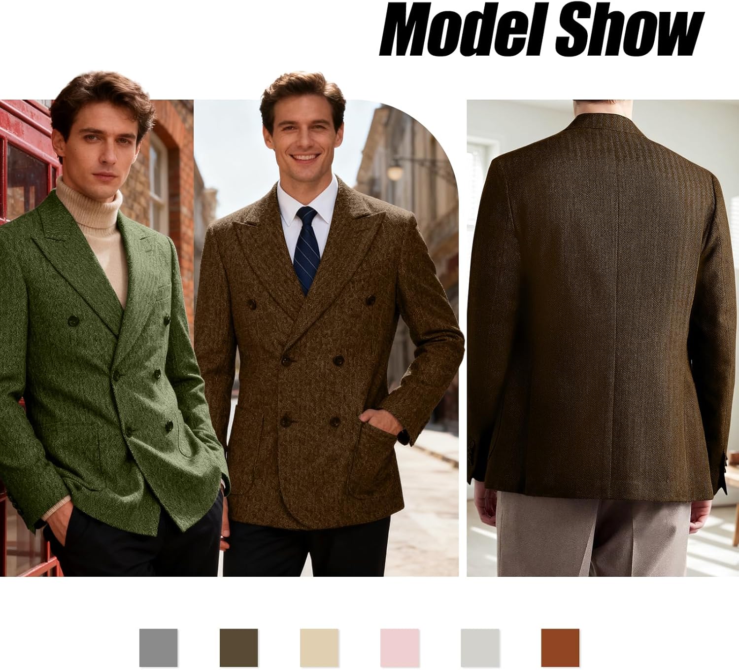 Mens Tweed Blazer Suit Herringbone Sport Coat Slim Fit Retro Double Breasted Wool Blend Formal Jacket Business Prom Casual - Image 3