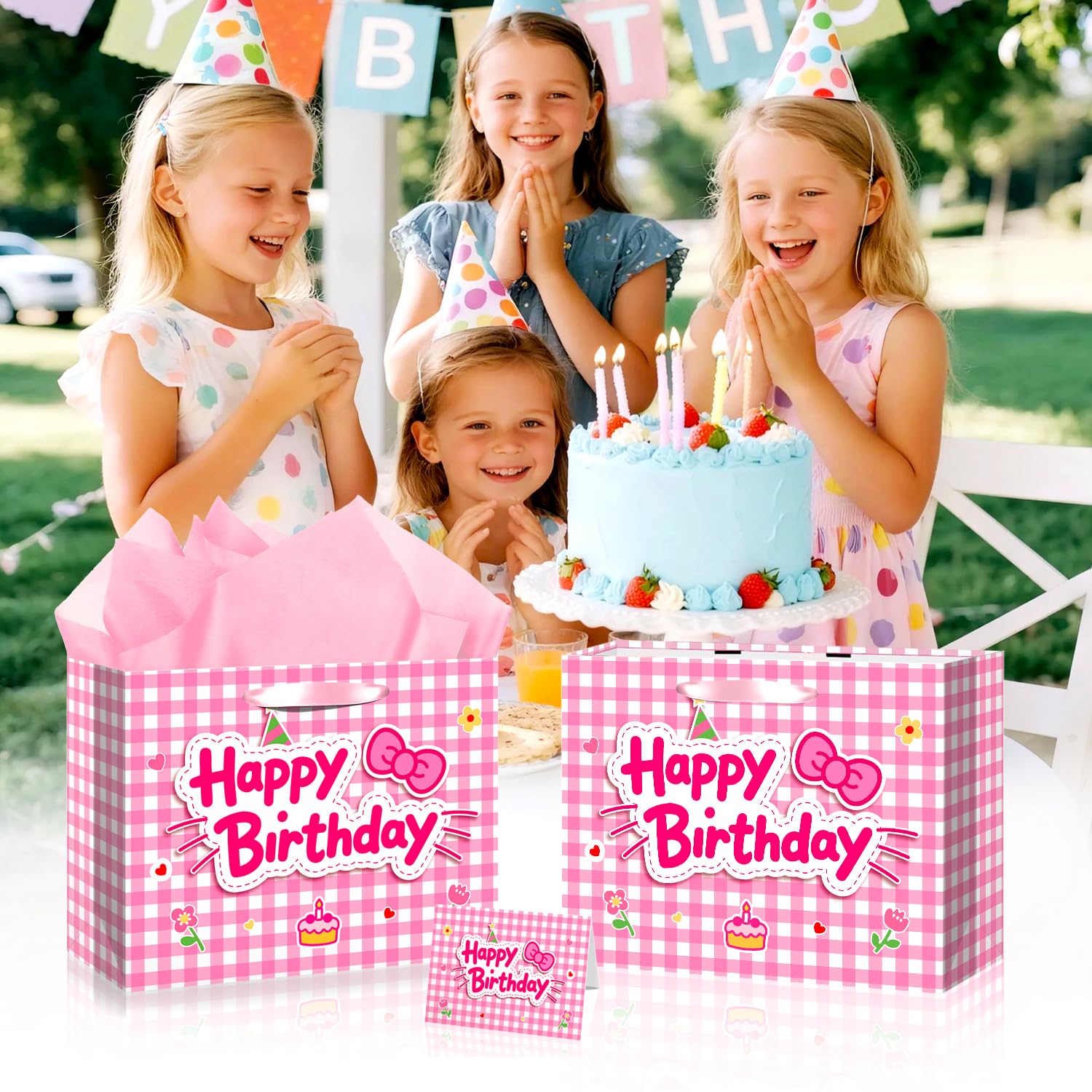 TQQBUU 12" Pink Birthday Gift Bags for Girls, with Cute Greeting Card and Tissue Paper for Party, Cat Party Favor Bag Cartoon Bag for Kids Baby Shower Party Favors Supplies, 11.8"×9.4"×5.3" - 1Pcs