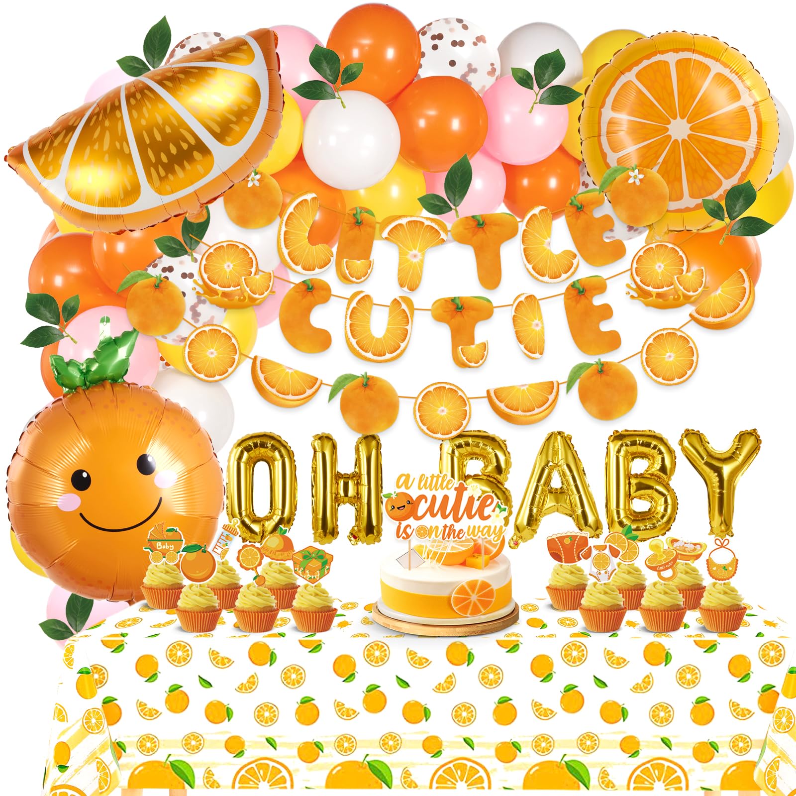 Homarkable Little Cutie Baby Shower Decorations, Orange Theme Baby Shower Party Supplies, with Orange Balloons, Cupcake Toppers, Tablecloth