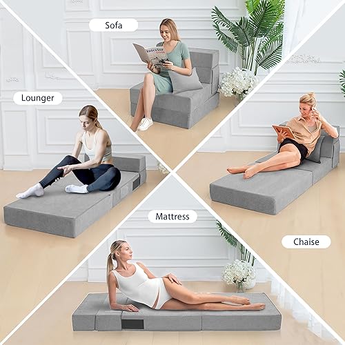 Miniatura 7 de Colchón plegable para sofá cama, sofá cama plegable, colchón de piso con almohada para sala de estar, oficina en casa (gris claro, individual)
