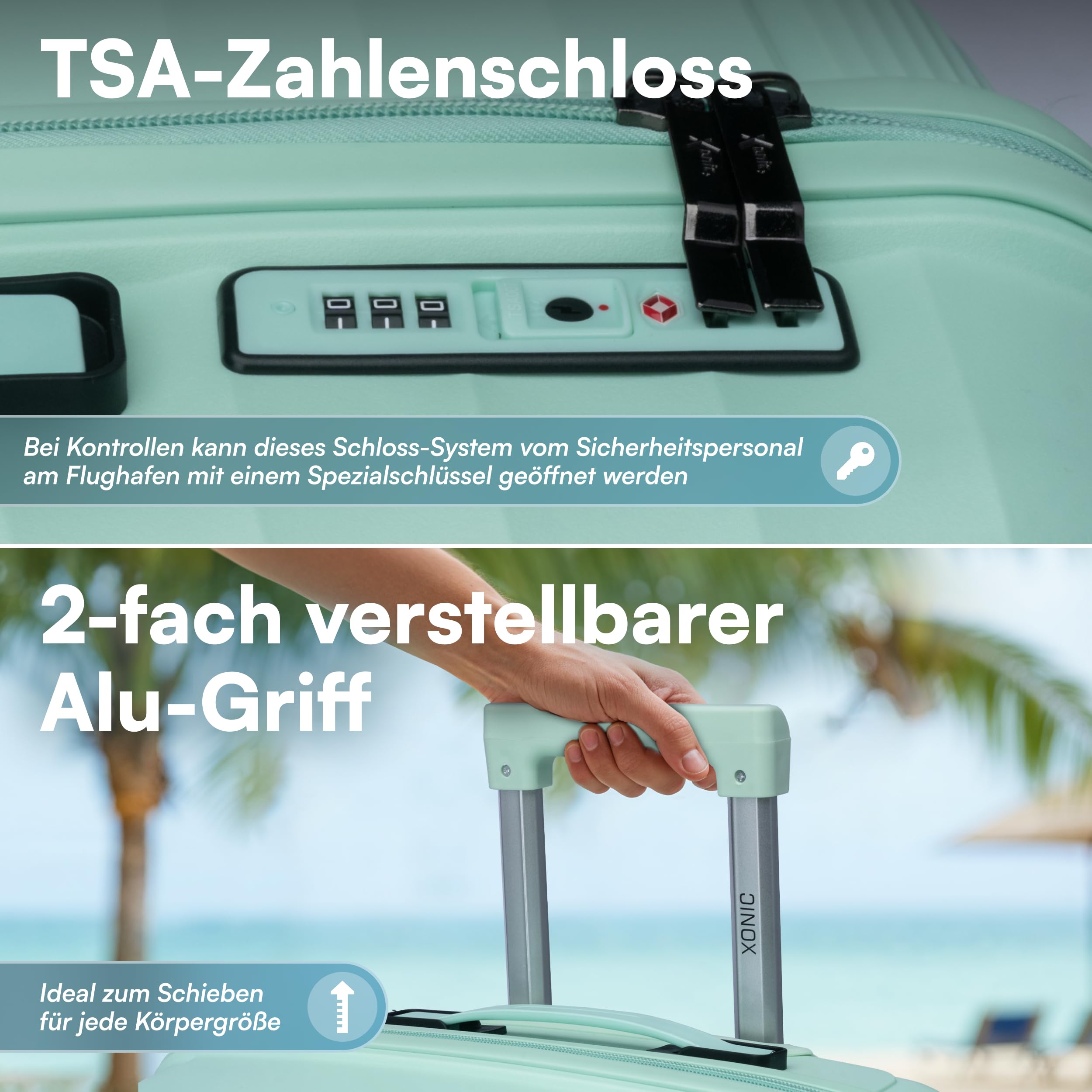 Xonic® Hartschalenkoffer Serie aus Polypropylen mit 360° Doppelrollen & TSA-Schloss – Reisekoffer in verschiedenen Größen & Farben (Mintgrün, XL (100L))