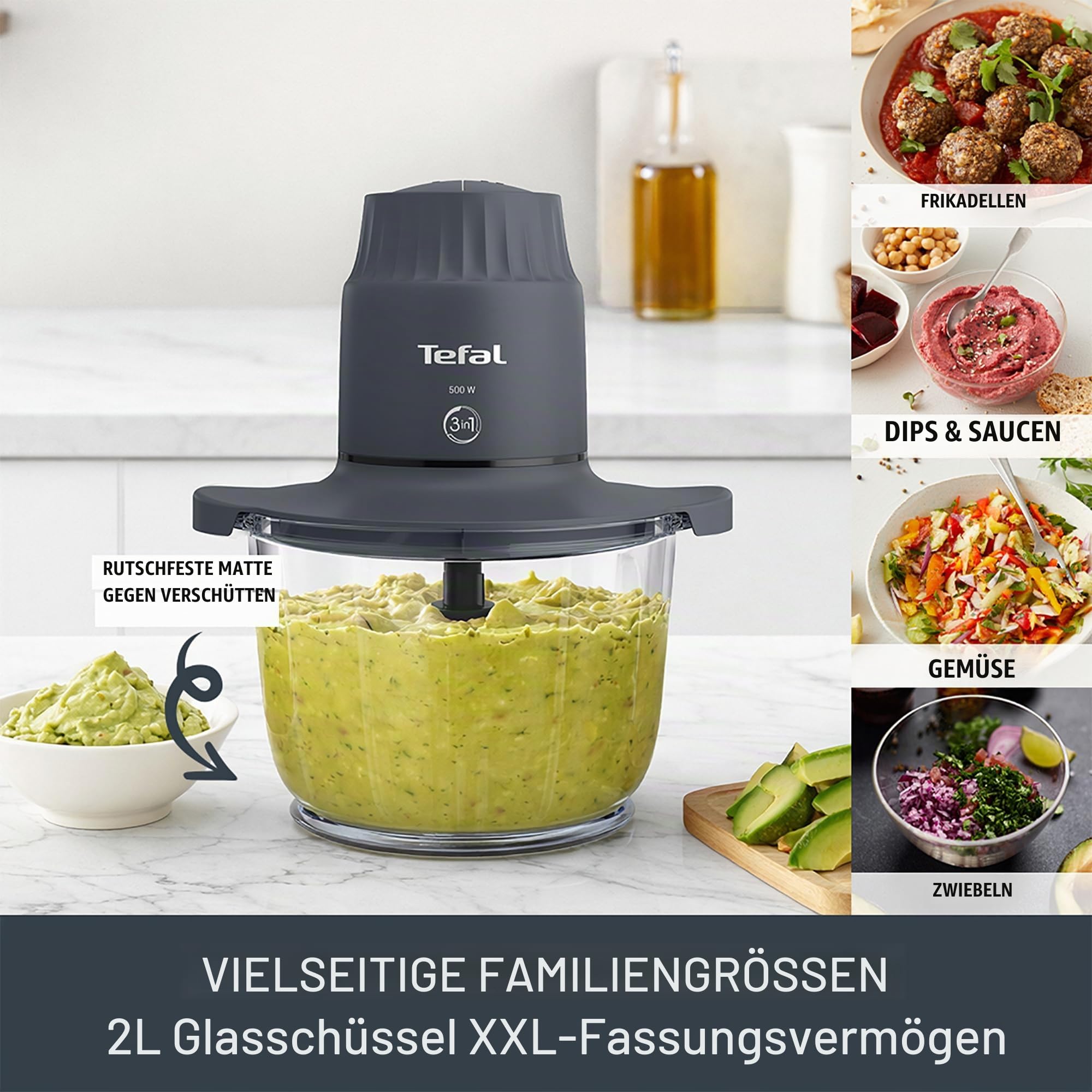 Tefal Choppeo XXL Zerkleinerer Kapazität, 2L Glasschüssel, Küche Mini Küchenmaschine, Anti-Rutsch-Matte, Aufbewahrungsdeckel für Reste, 2 Geschwindigkeiten, 500W, Hummus, Gemüse, Grau MB603BG1