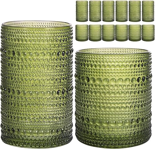 Moretoes Hobnail - Juego de 12 vasos altos de 12 onzas y vasos de cóctel de 10 onzas, vasos de vidrio boho en relieve verde para cocina, bar, juego