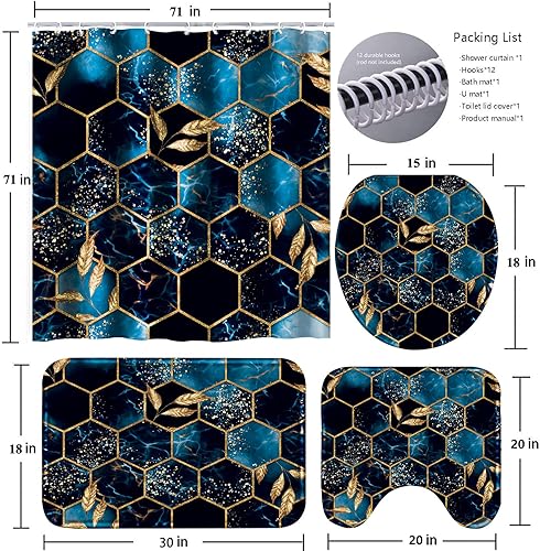 Miniatura 6 de Poedist Juego de 4 cortinas de ducha de baño, juegos de baño con alfombras (tapete de baño, forma de U y tapa de inodoro) y 12 ganchos, mármol de