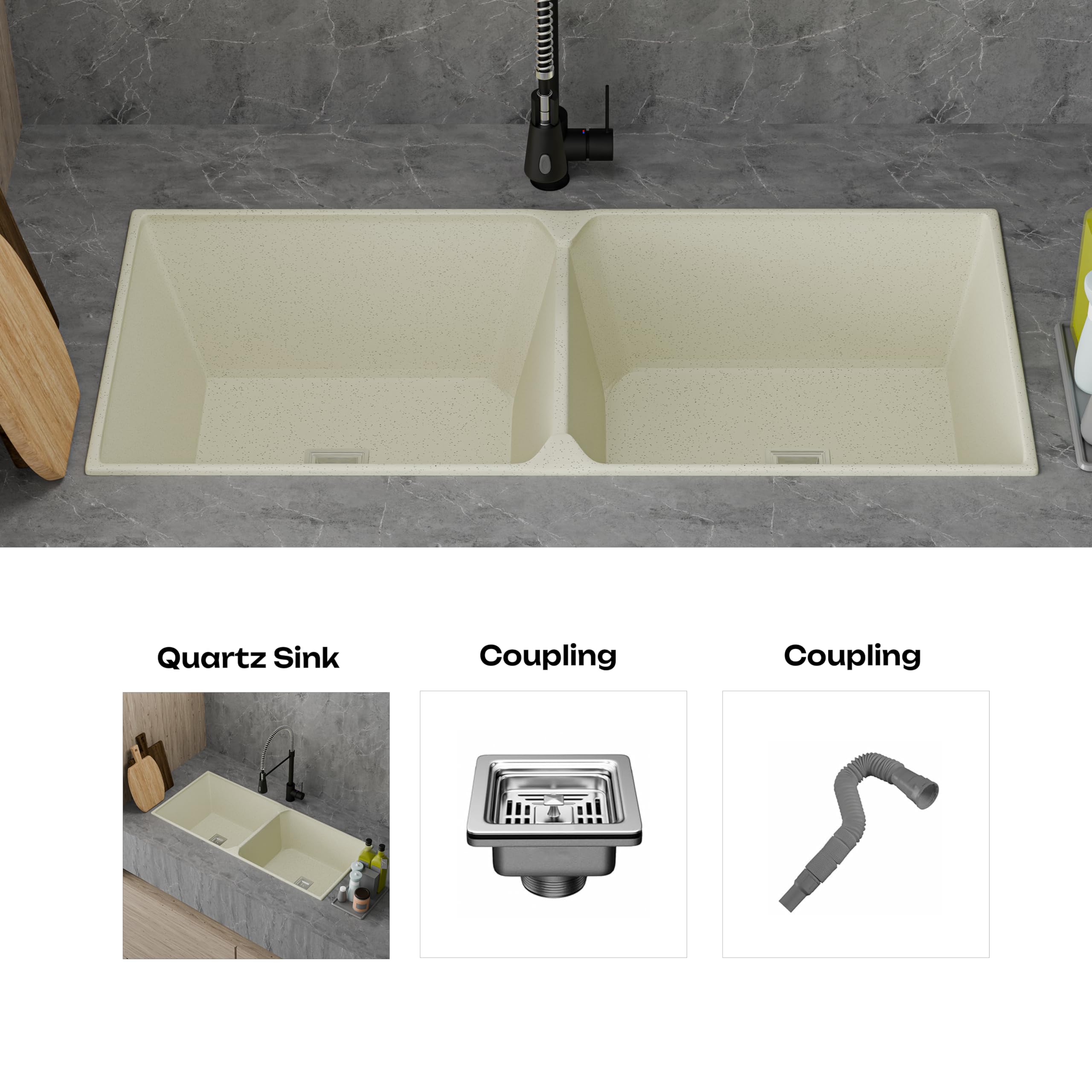 HISRE Double Bowl Quartz Kitchen Sink 45x20x9 Inches | Spacious Deep Basin, Durable Scratch-Resistant, Noise-Reducing, Easy-to-Clean Sink for Modern Kitchens | Crema, photo 4 of 5