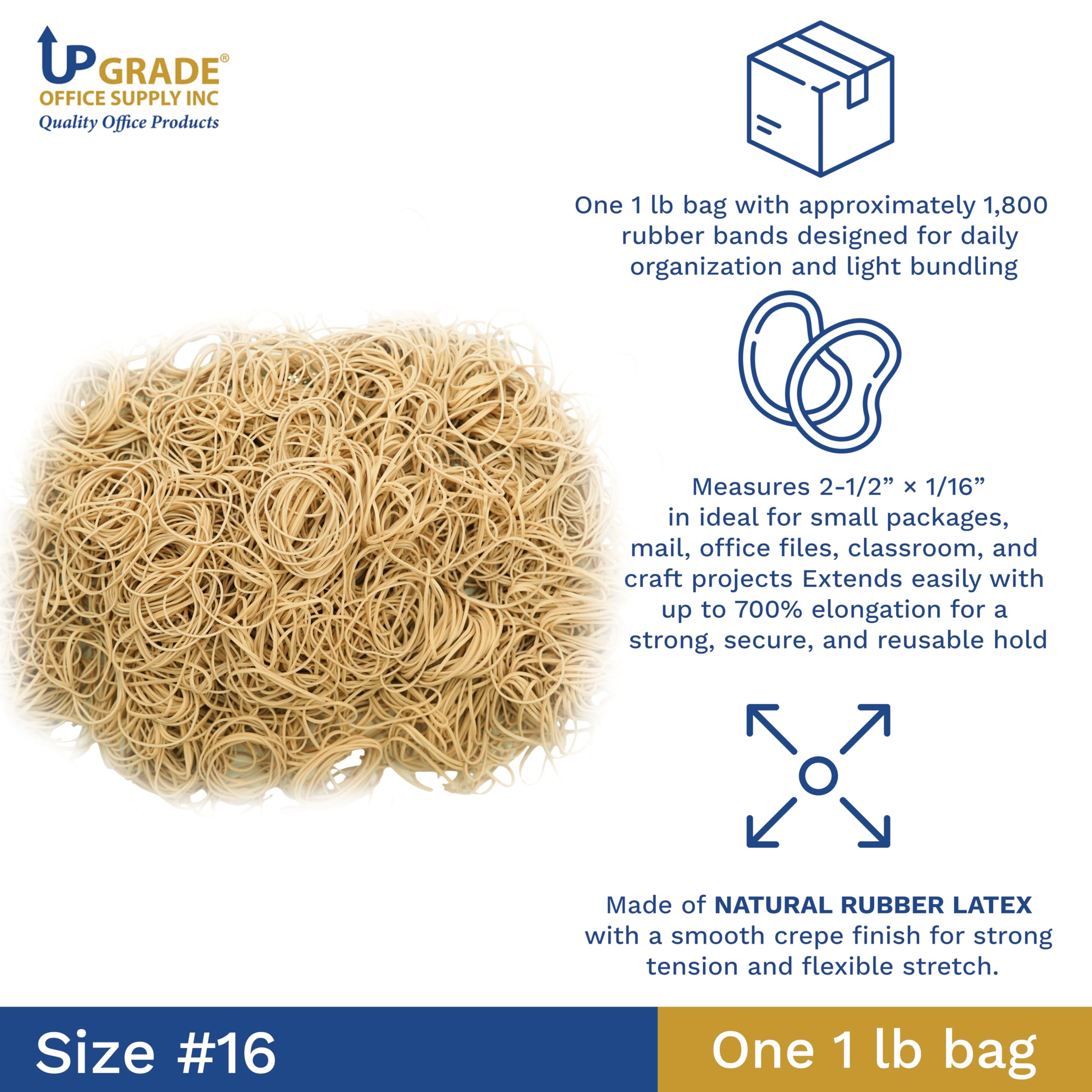 Upgrade Office Supply UPG22416 Elastici in gomma, misura #16 (2-1/2 "x 1/16") Crepe naturale, Made in USA (1 lb Bag)