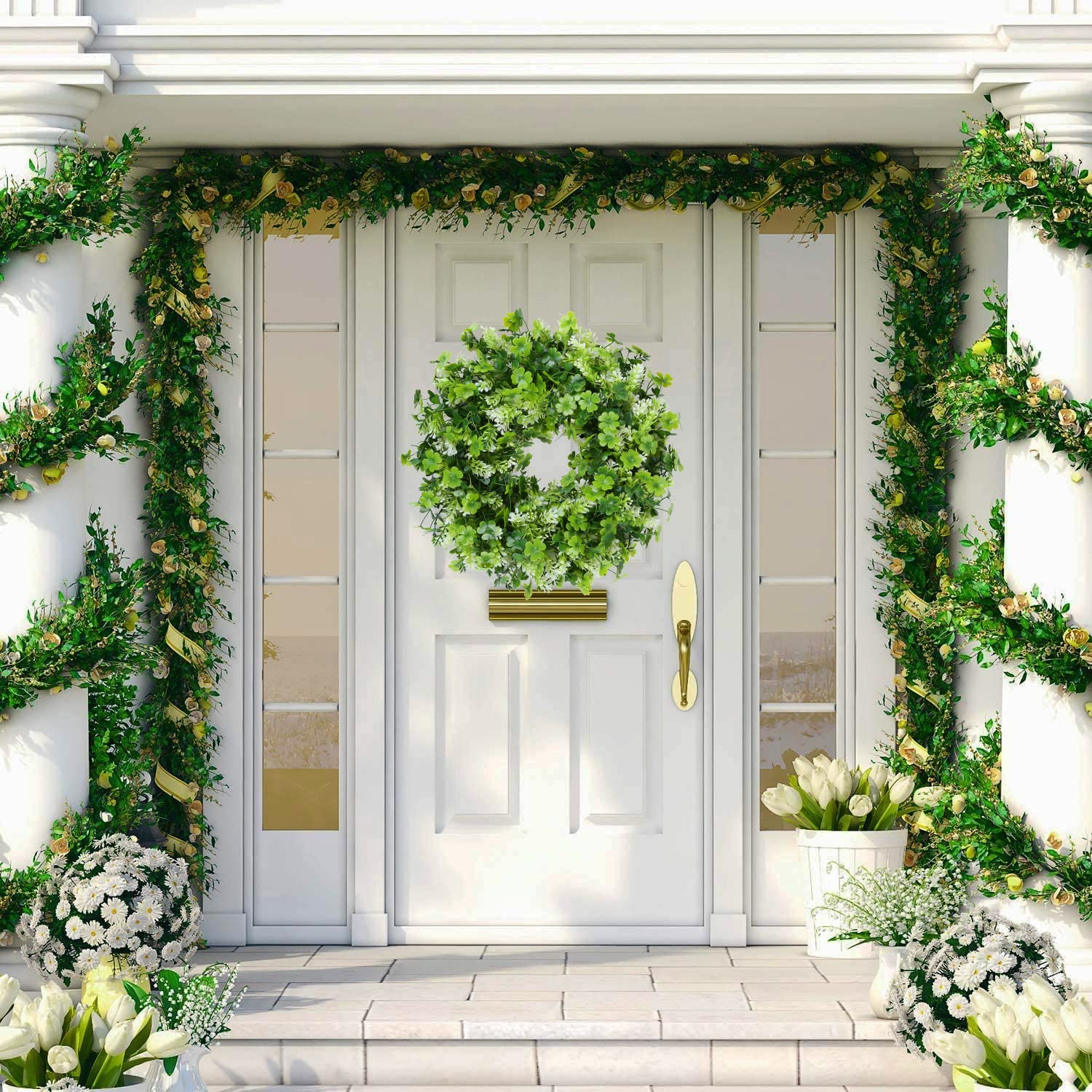 17.8" St Patricks Day Shamrock Wreath for Front Door, Saint Patricks Day Artificial Wreath Decoration, Irish Clover Spring Summer Greenery Wreath for Wall Window Indoor Outdoor Porch Home Gift Decor