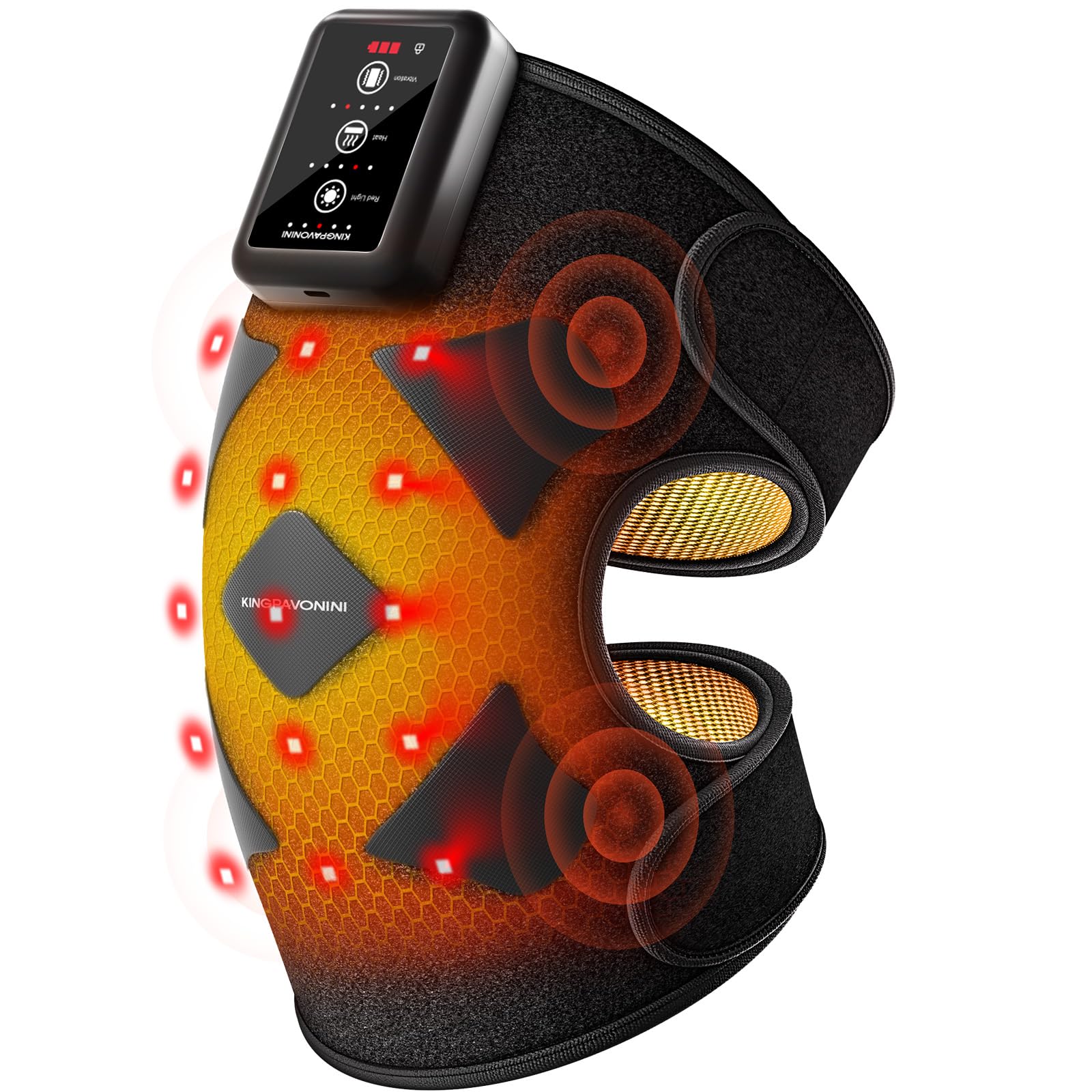 KingPavonini Knee Massager with Heat and Red Light Therapy, 4-Motor Vibration Knee Heating Pad, Cordless Heated Knee Brace with 5 Heat Levels & 5 Red Light Modes & 5 Massage Modes(1 Pack)