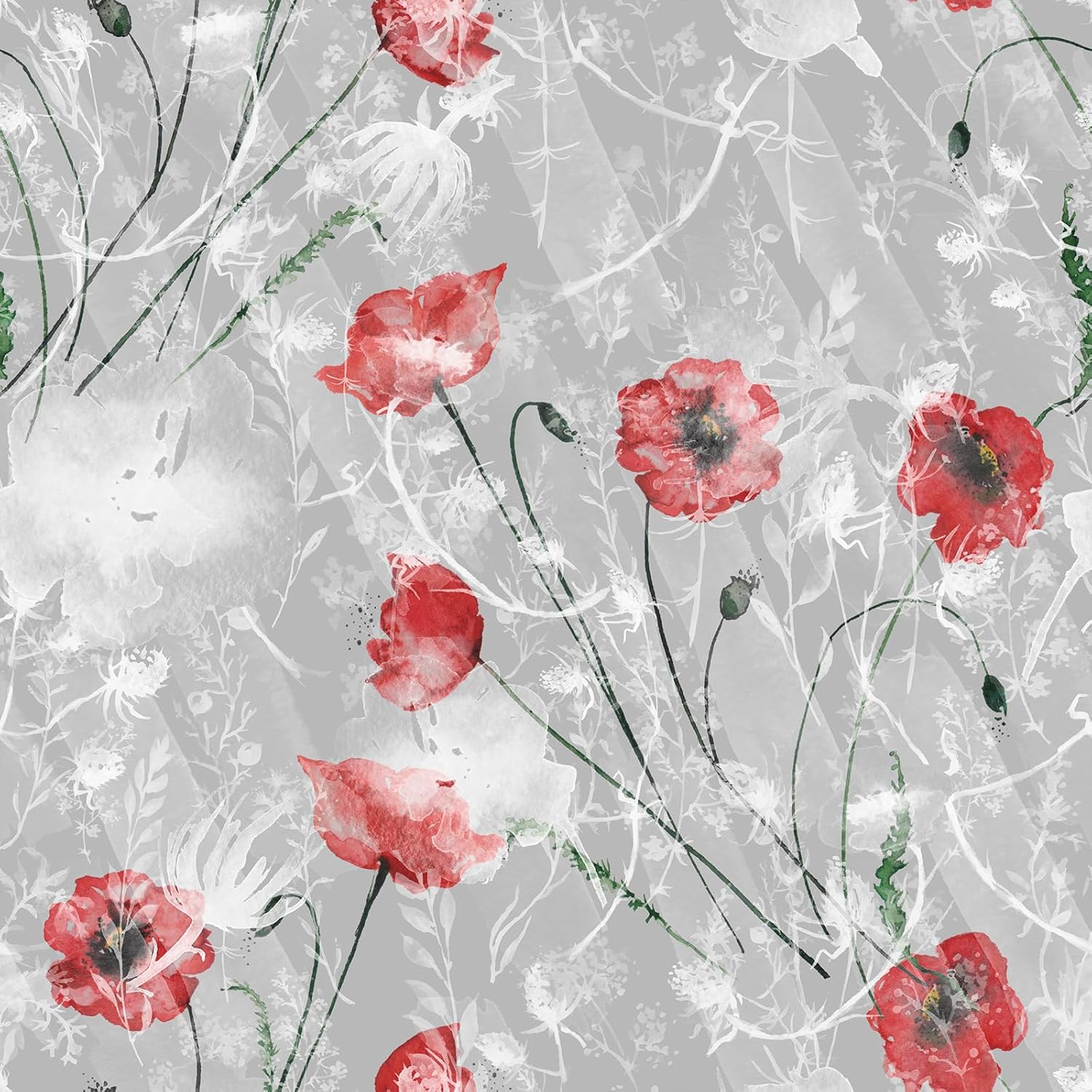 VaryStyle 17.7"x393" Poppy Wallpaper Retro Grey/Red Poppy Floral Peel and Stick Wallpaper for Bedroom Bathroom Waterproof Floral Wall Paper Self Adhesive Grey Contact Paper for Shelves Drawer Walls