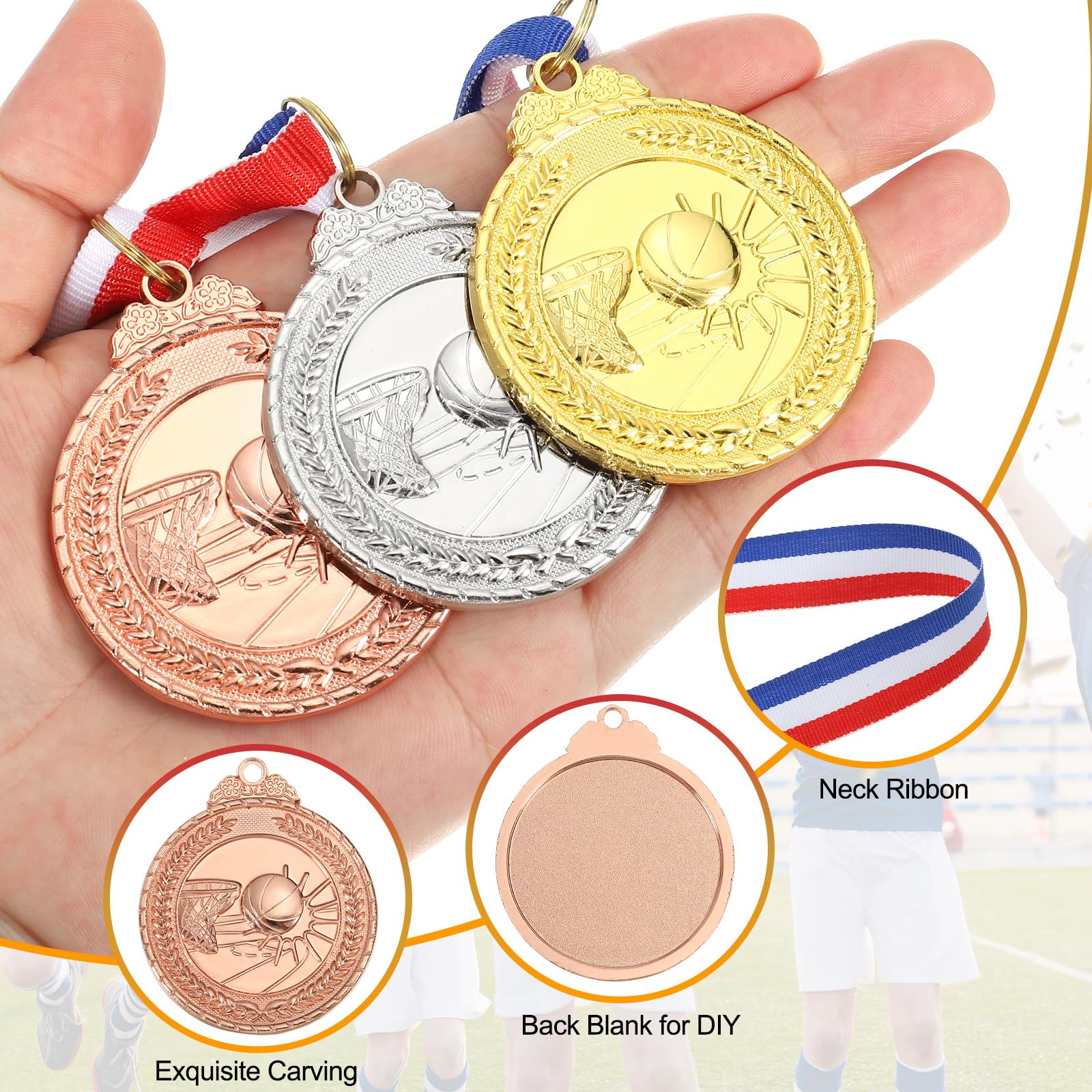 QUARKZMAN Medallas De Baloncesto 2 Pulgadas, Medallas De Premio De Bronce con Cinta para El Cuello para Competiciones Deportivas En Equipo Fiestas Y Favores 12 Piezas