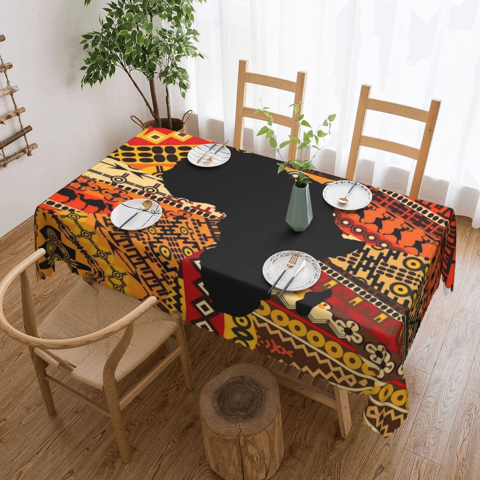 QAZWZML African Map Ethnic Pattern Printed tablecloth, made of thick polyester with lace trim, suitable for dining rooms, picnics, and weddings