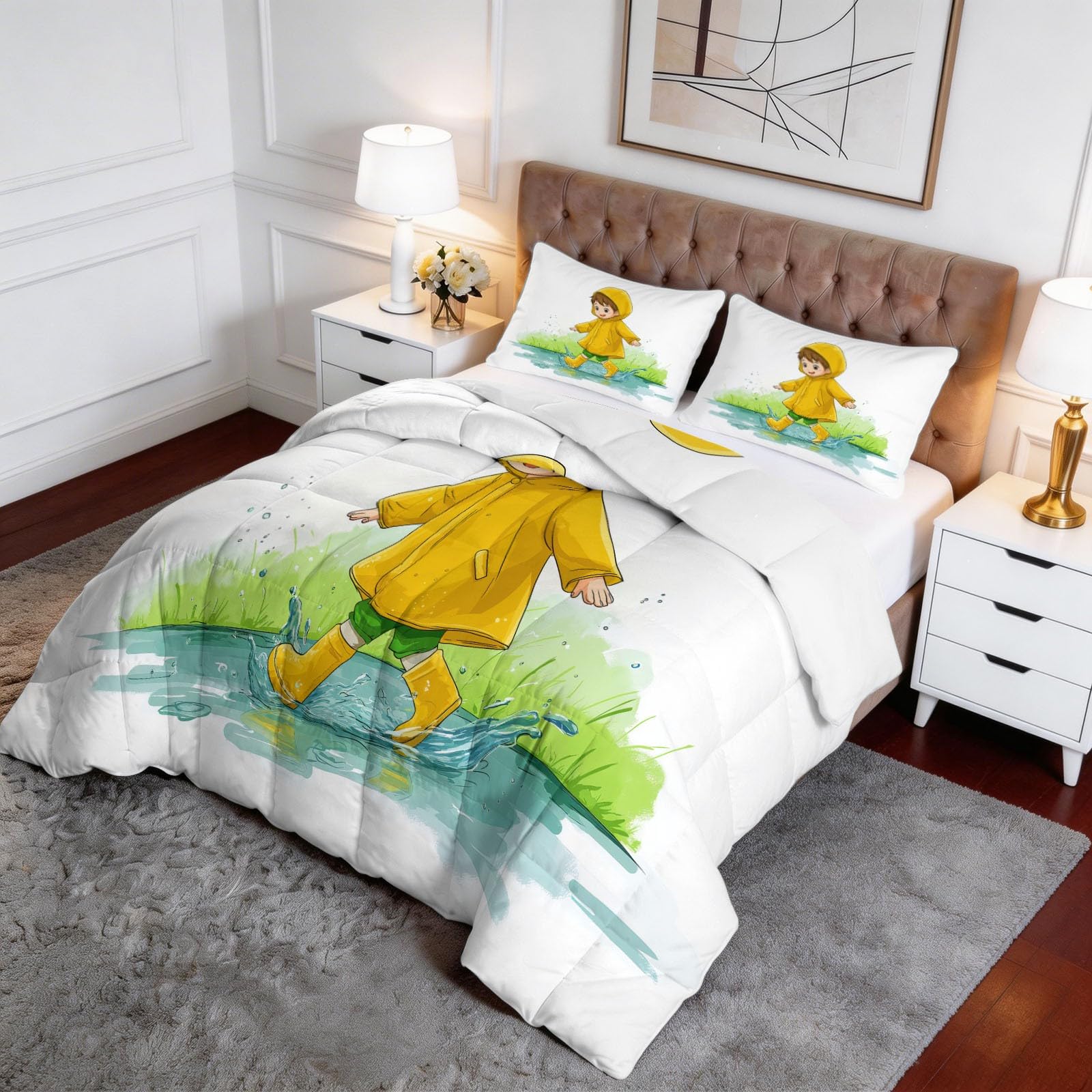 Generico Piumone Invernale Matrimoniale 200 x 200 cm Anime Bambino Pioggia Trapunta in Ecopiuma 400 gr/mq, Caldo ed Elegante – Biancheria da Letto Anallergica e Traspirante – Set 3 Pezzi, Giallo